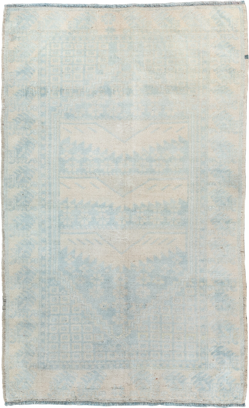 2' x 4' one-of-a-kind handmade vintage Anatolian small size rug. Color palette: ivory, pale blue, cream, sky blue