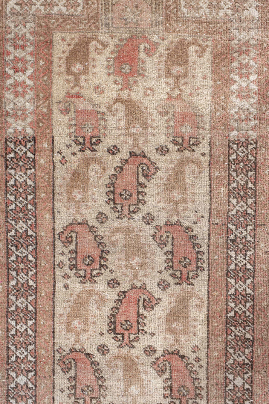 1' x 3' one-of-a-kind handmade vintage Belouch small size rug. Color palette: ivory, camel, blush, brown, charcoal, rose