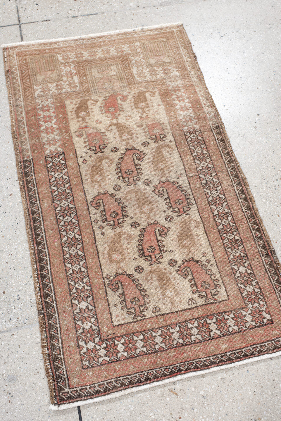 1' x 3' one-of-a-kind handmade vintage Belouch small size rug. Color palette: ivory, camel, blush, brown, charcoal, rose