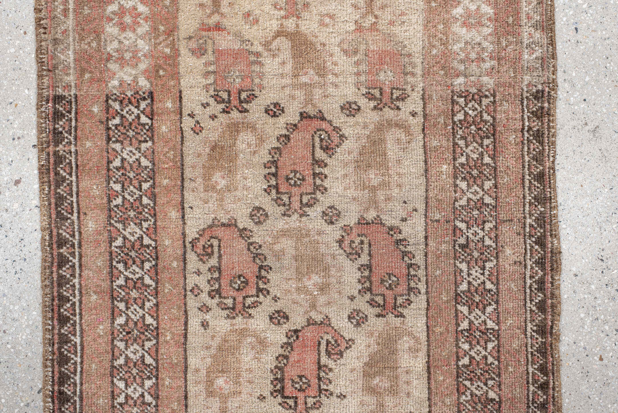 1' x 3' one-of-a-kind handmade vintage Belouch small size rug. Color palette: ivory, camel, blush, brown, charcoal, rose