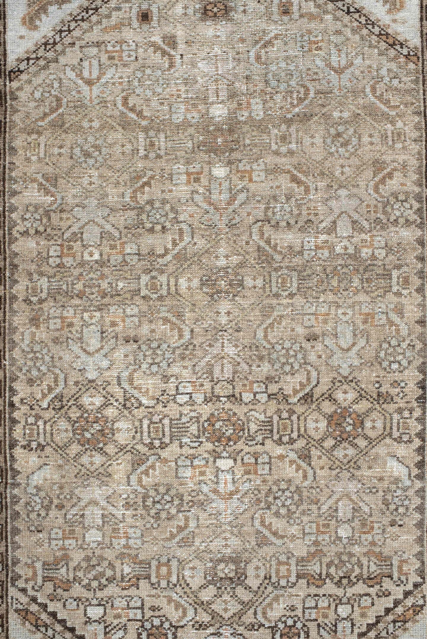 2' x 4' one-of-a-kind handmade vintage Malayer small size rug. Color palette: taupe, ivory, brown, terra cotta, camel
