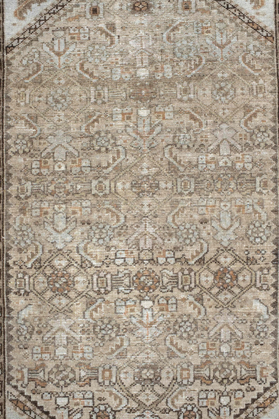 2' x 4' one-of-a-kind handmade vintage Malayer small size rug. Color palette: taupe, ivory, brown, terra cotta, camel