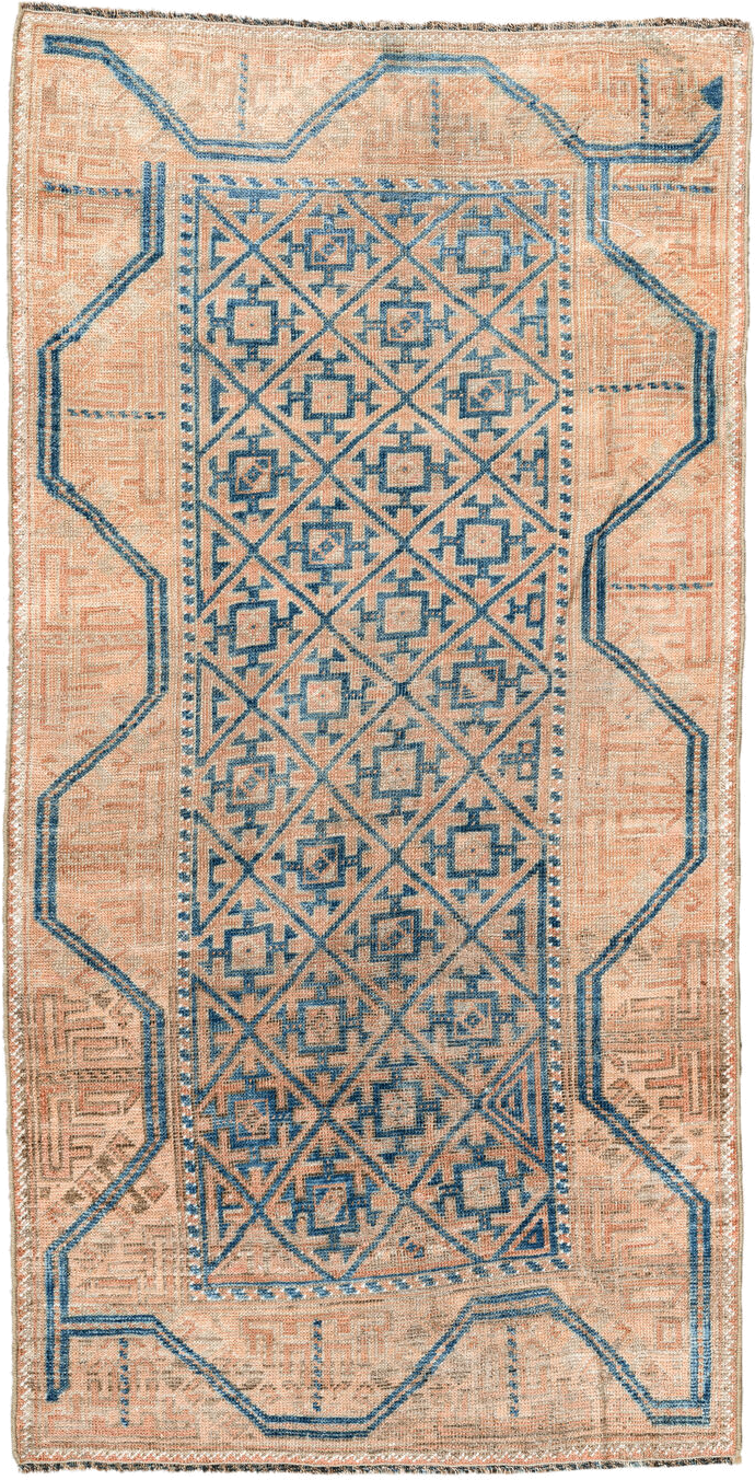2' x 4' one-of-a-kind handmade antique Belouch small size rug. Color palette: peach, ivory, sky blue, camel, taupe