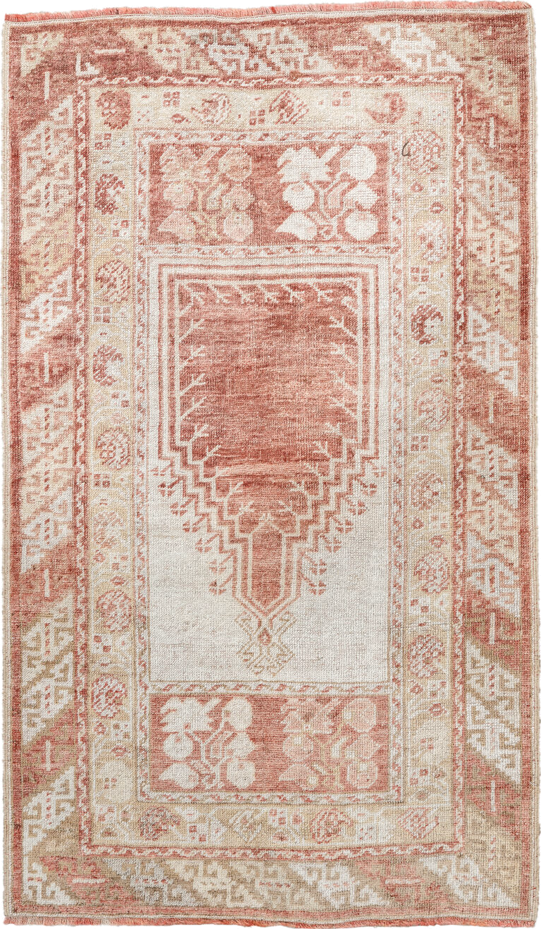 2' x 4' one-of-a-kind handmade vintage Anatolian small size rug. Color palette: brown, floral white, gray, light gray, linen
