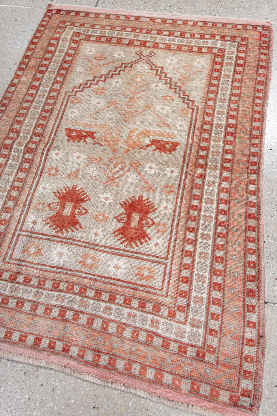 3' x 4' one-of-a-kind handmade vintage Anatol small size rug. Color palette: brown, gray, light gray, off-white, pink, red
