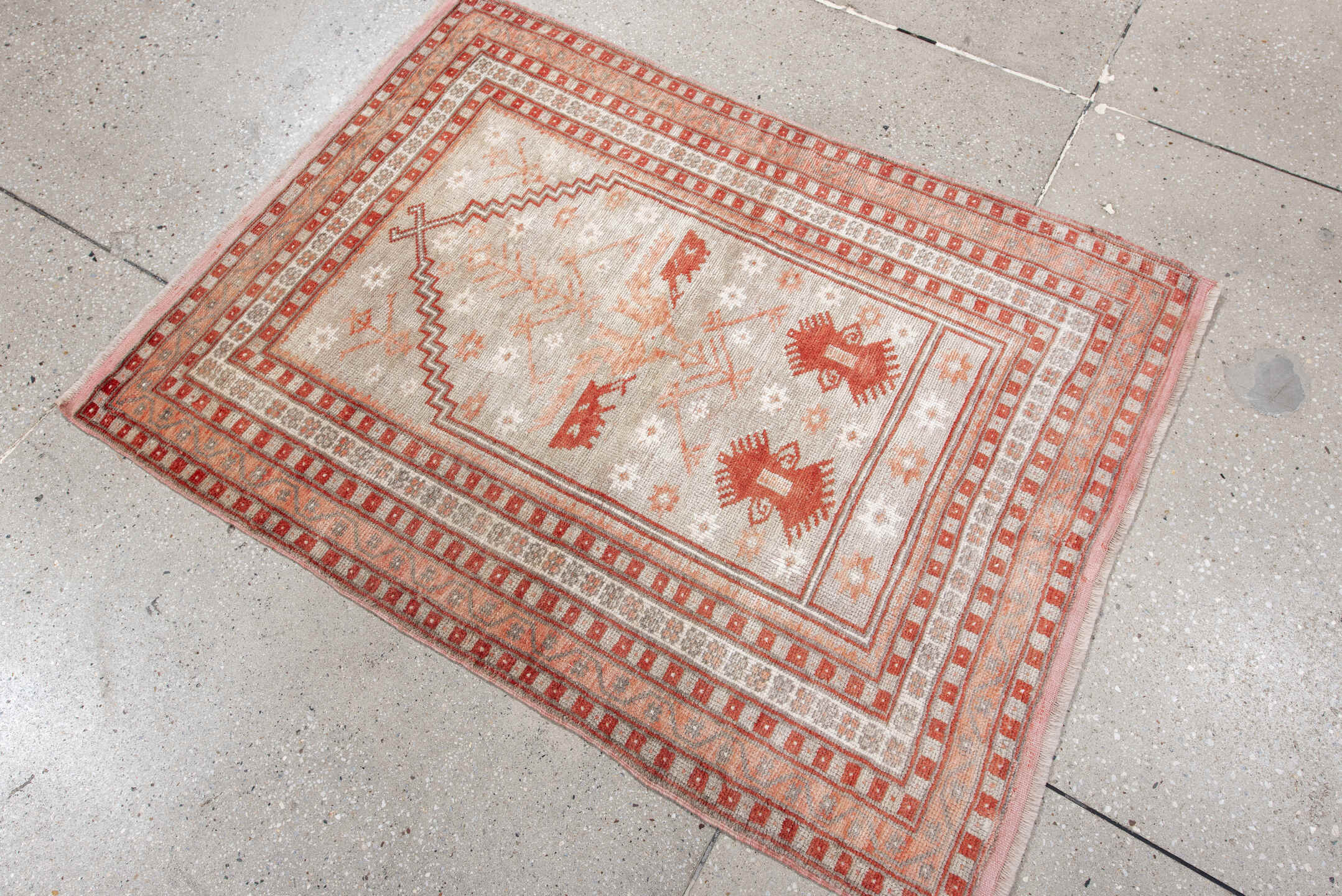3' x 4' one-of-a-kind handmade vintage Anatol small size rug. Color palette: brown, gray, light gray, off-white, pink, red