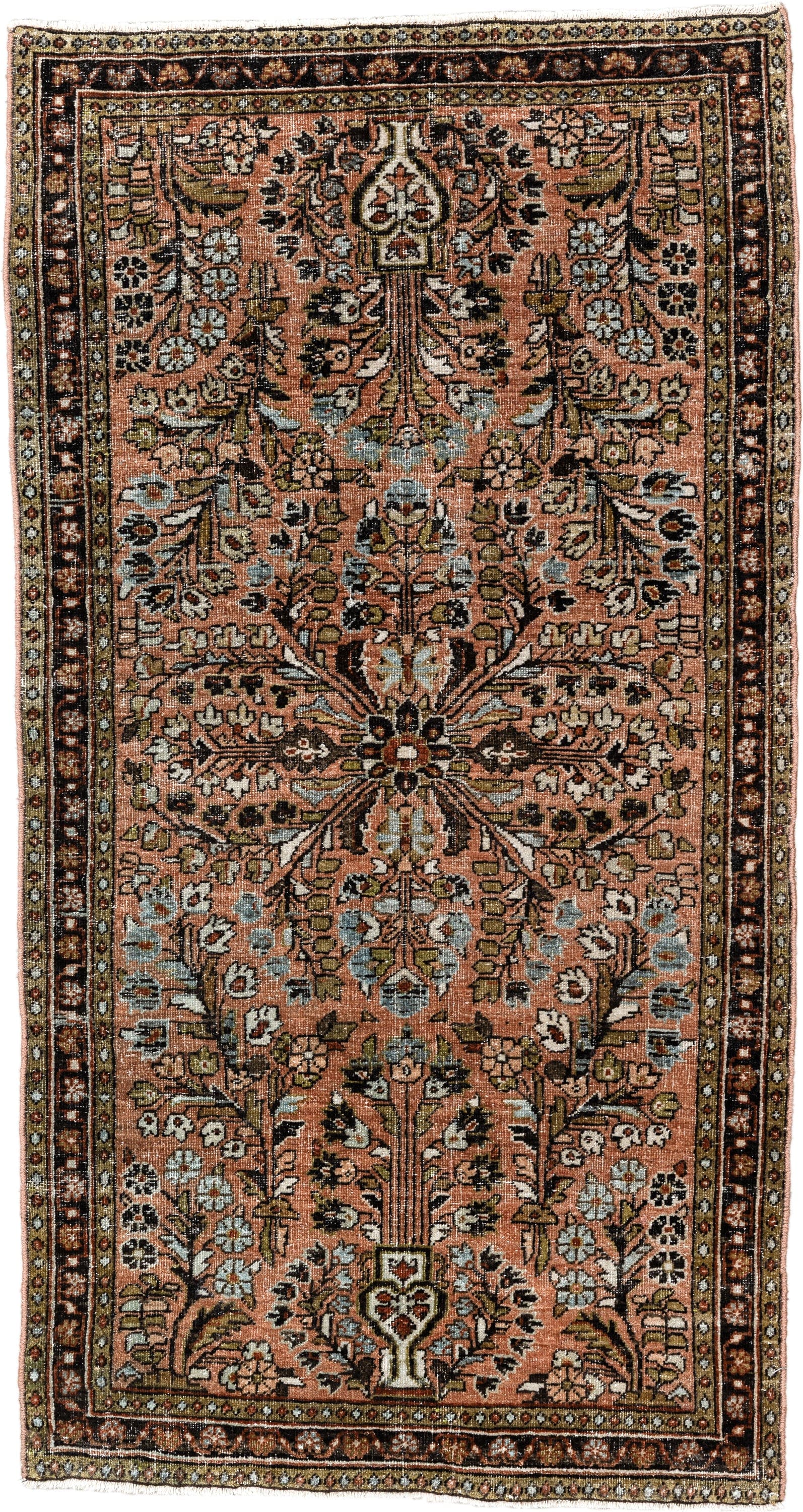 2' x 4' one-of-a-kind handmade vintage Sarouk small size rug. Color palette: salmon, brown, ivory, sage, charcoal, olive