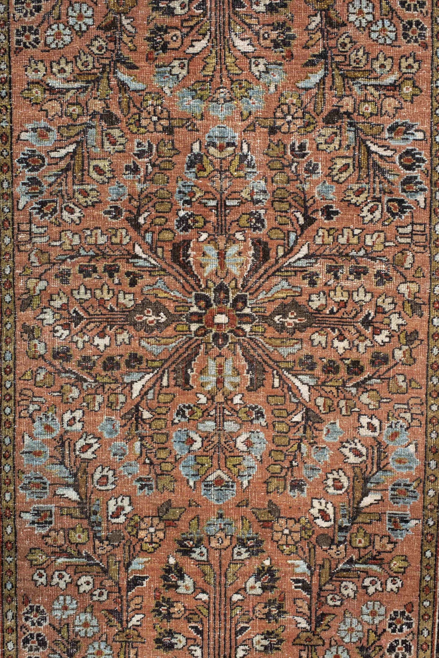 2' x 4' one-of-a-kind handmade vintage Sarouk small size rug. Color palette: salmon, brown, ivory, sage, charcoal, olive