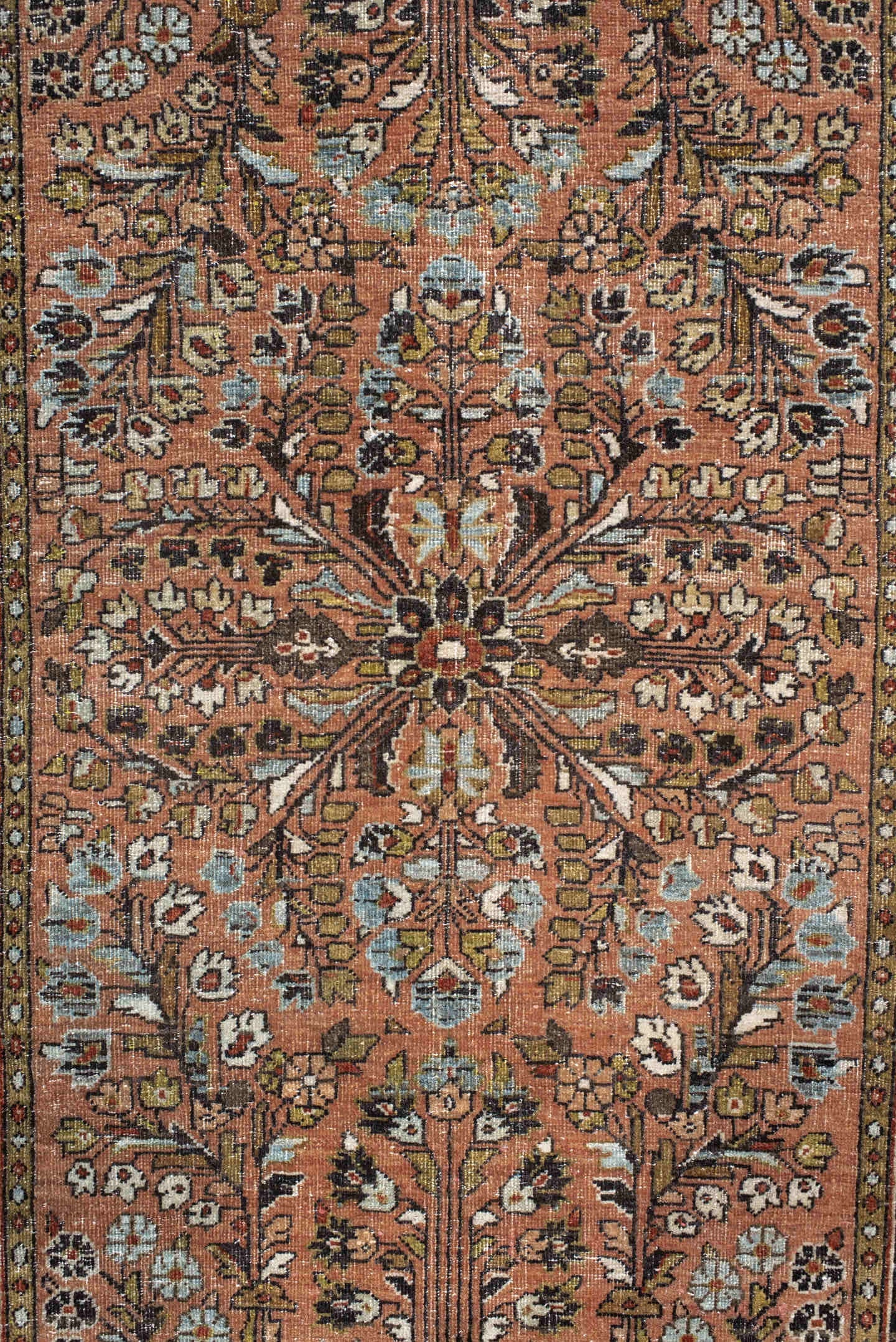 2' x 4' one-of-a-kind handmade vintage Sarouk small size rug. Color palette: salmon, brown, ivory, sage, charcoal, olive