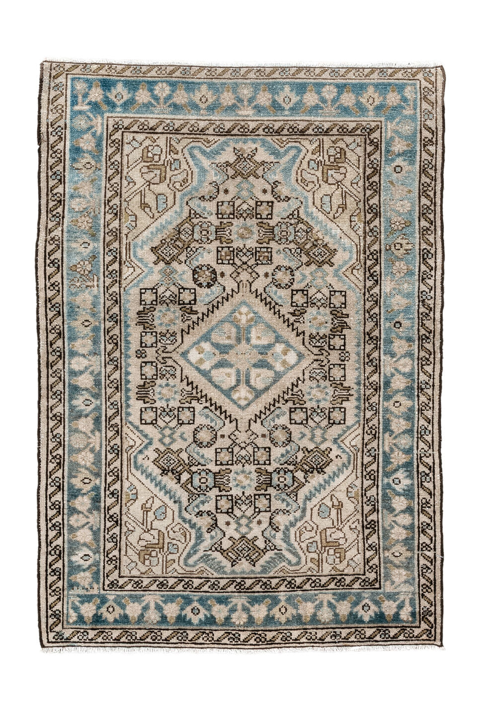 2' x 3' one-of-a-kind handmade vintage Malayer small size rug. Color palette: ivory, sky blue, brown, taupe, charcoal