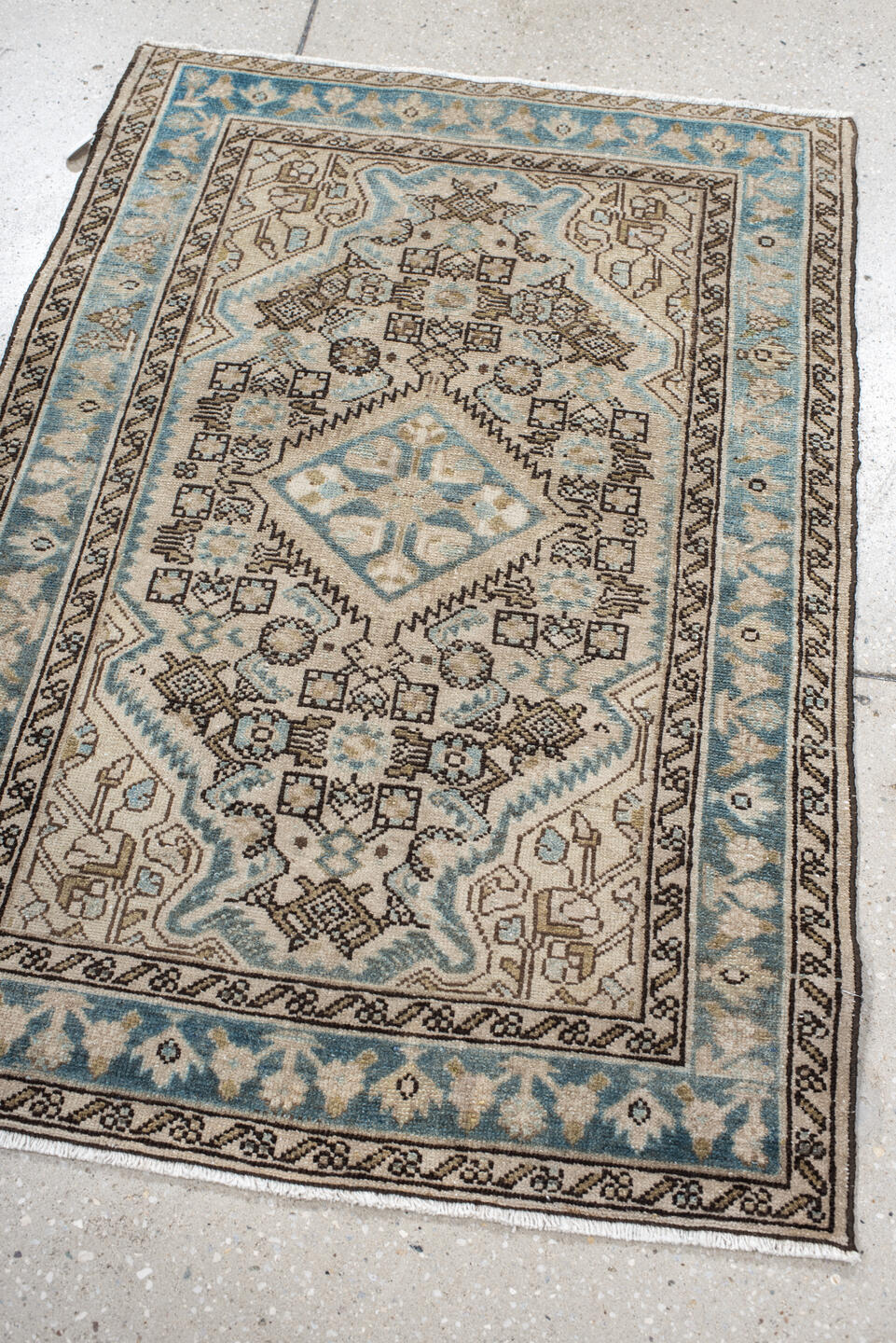 2' x 3' one-of-a-kind handmade vintage Malayer small size rug. Color palette: black, blue, brown, gray, light gray, linen