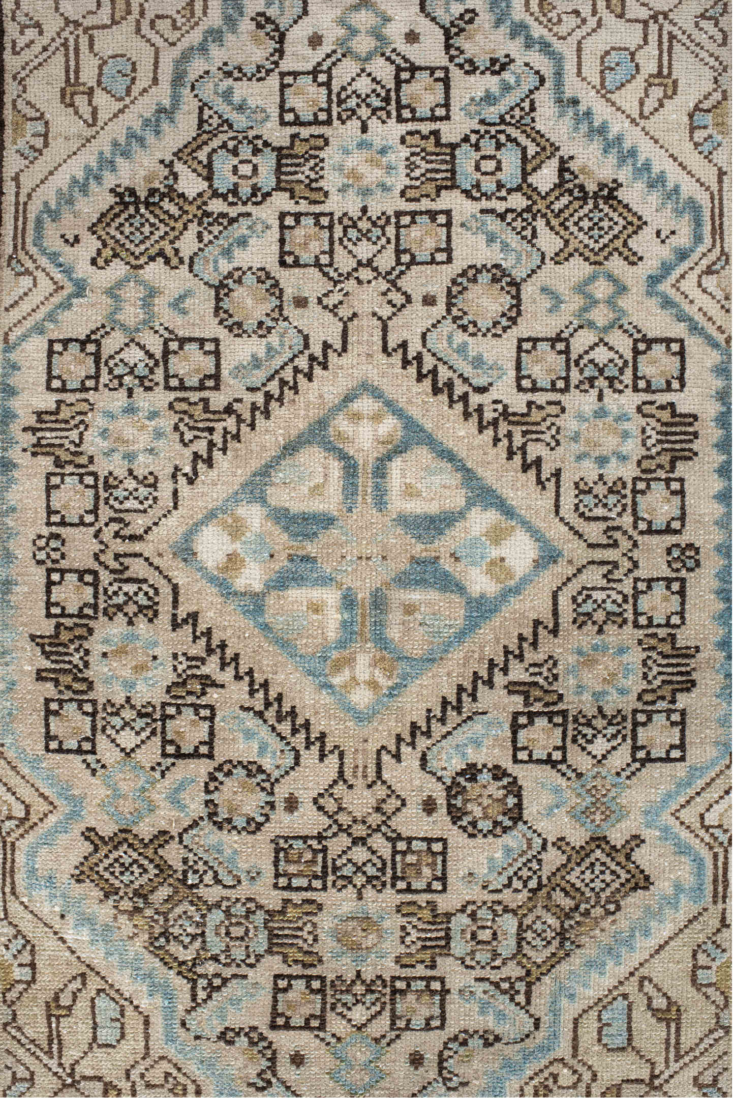 2' x 3' one-of-a-kind handmade vintage Malayer small size rug. Color palette: ivory, sky blue, brown, taupe, charcoal
