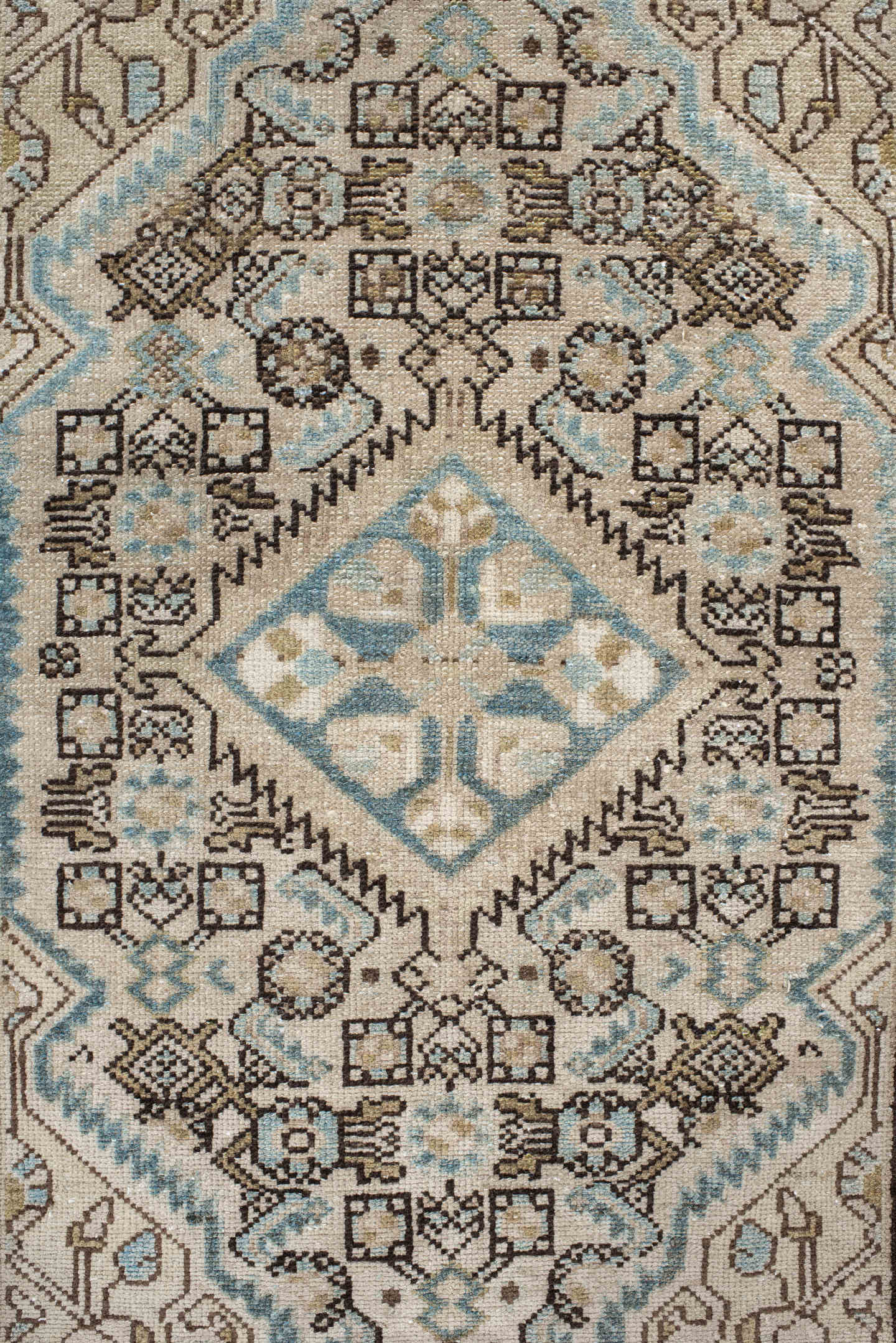 2' x 3' one-of-a-kind handmade vintage Malayer small size rug. Color palette: ivory, sky blue, brown, taupe, charcoal