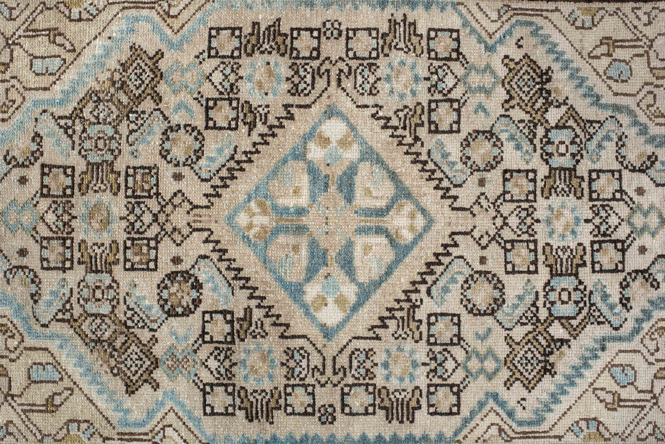 2' x 3' one-of-a-kind handmade vintage Malayer small size rug. Color palette: ivory, sky blue, brown, taupe, charcoal