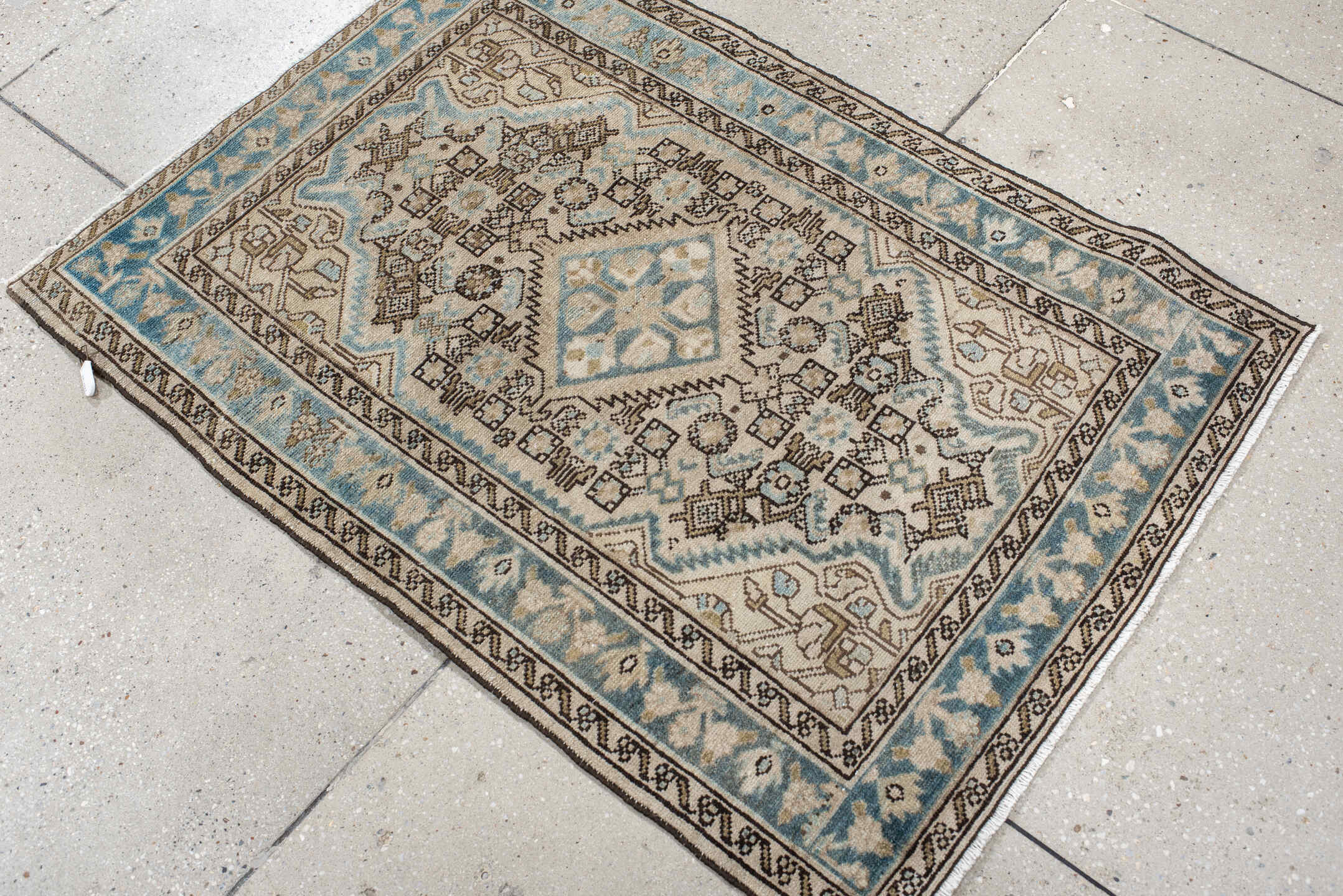 2' x 3' one-of-a-kind handmade vintage Malayer small size rug. Color palette: ivory, sky blue, brown, taupe, charcoal