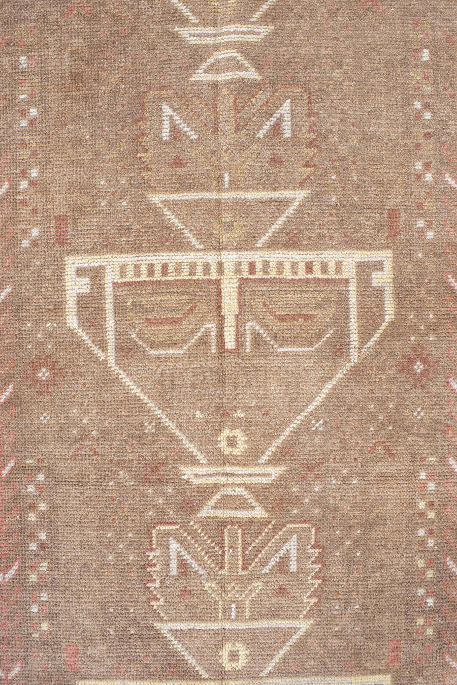 3' x 6' one-of-a-kind handmade antique Belouch small size rug. Color palette: camel, ivory, taupe, rose, rust, beige, gray