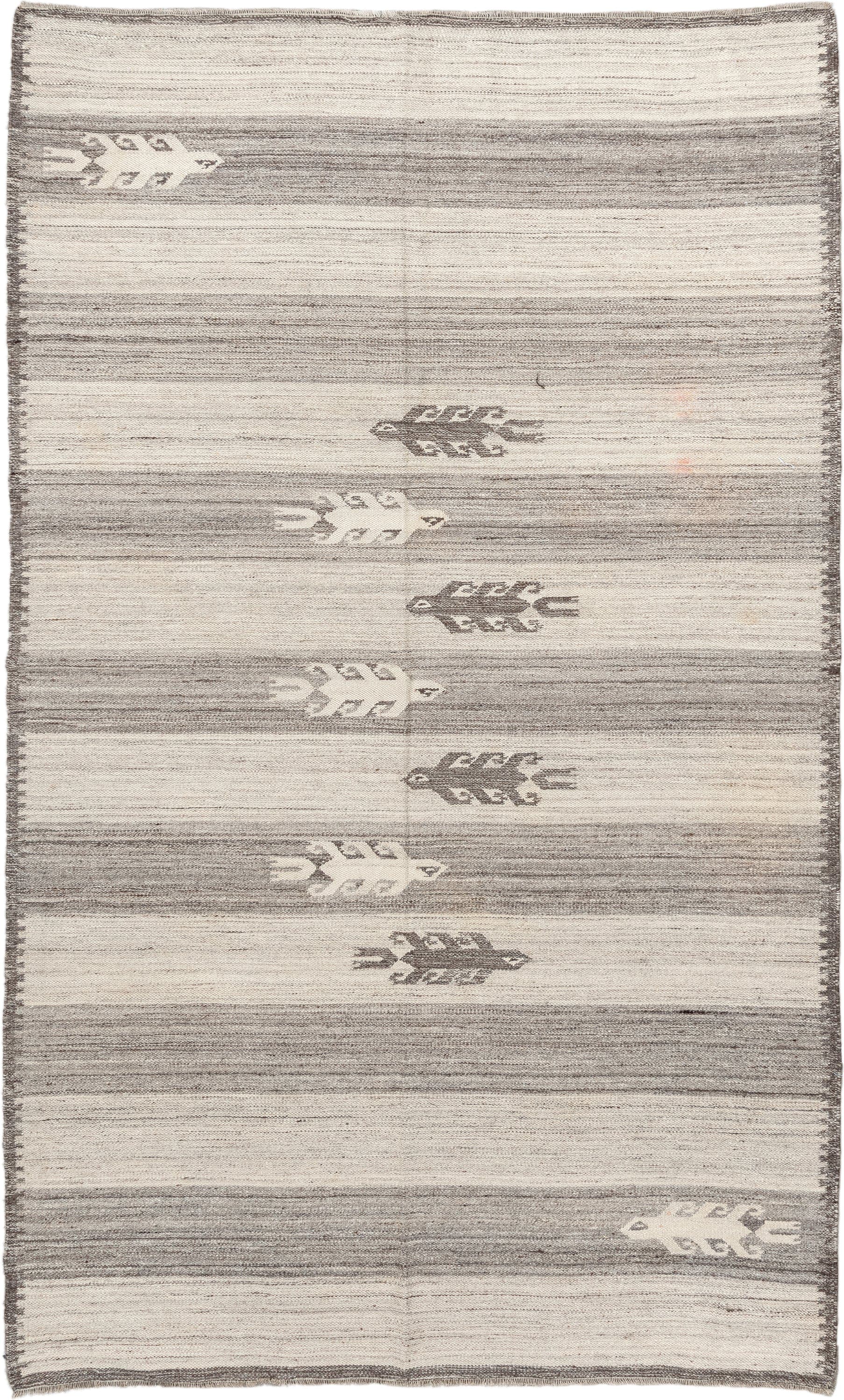 5' x 8' one-of-a-kind handmade antique Kilim medium size rug. Color palette: ivory, gray, charcoal, cream, black