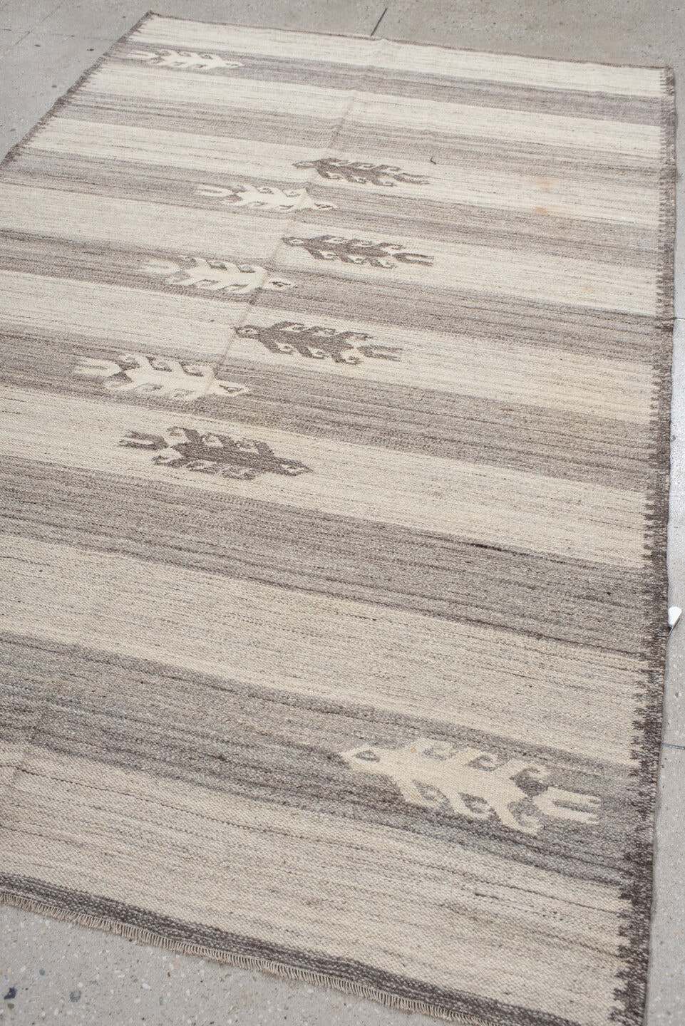5' x 8' one-of-a-kind handmade antique Kilim medium size rug. Color palette: ivory, gray, charcoal, cream, black