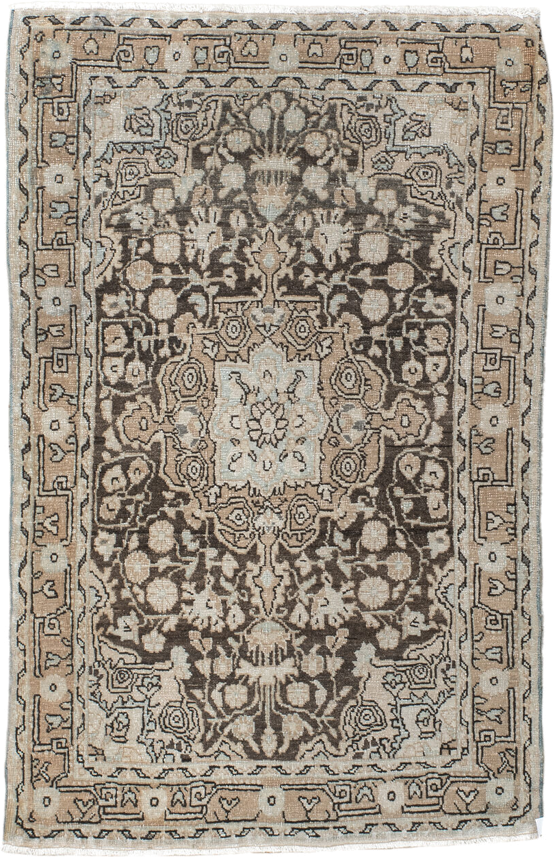 2' x 3' one-of-a-kind handmade antique Sarouk small size rug. Color palette: taupe, brown, ivory, charcoal, beige, gray