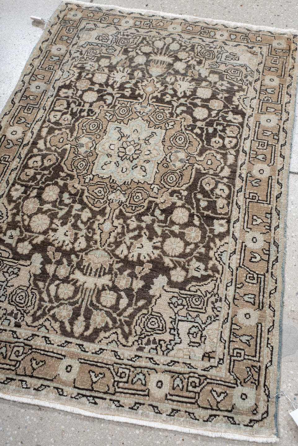 2' x 3' one-of-a-kind handmade antique Sarouk small size rug. Color palette: taupe, brown, ivory, charcoal, beige, gray