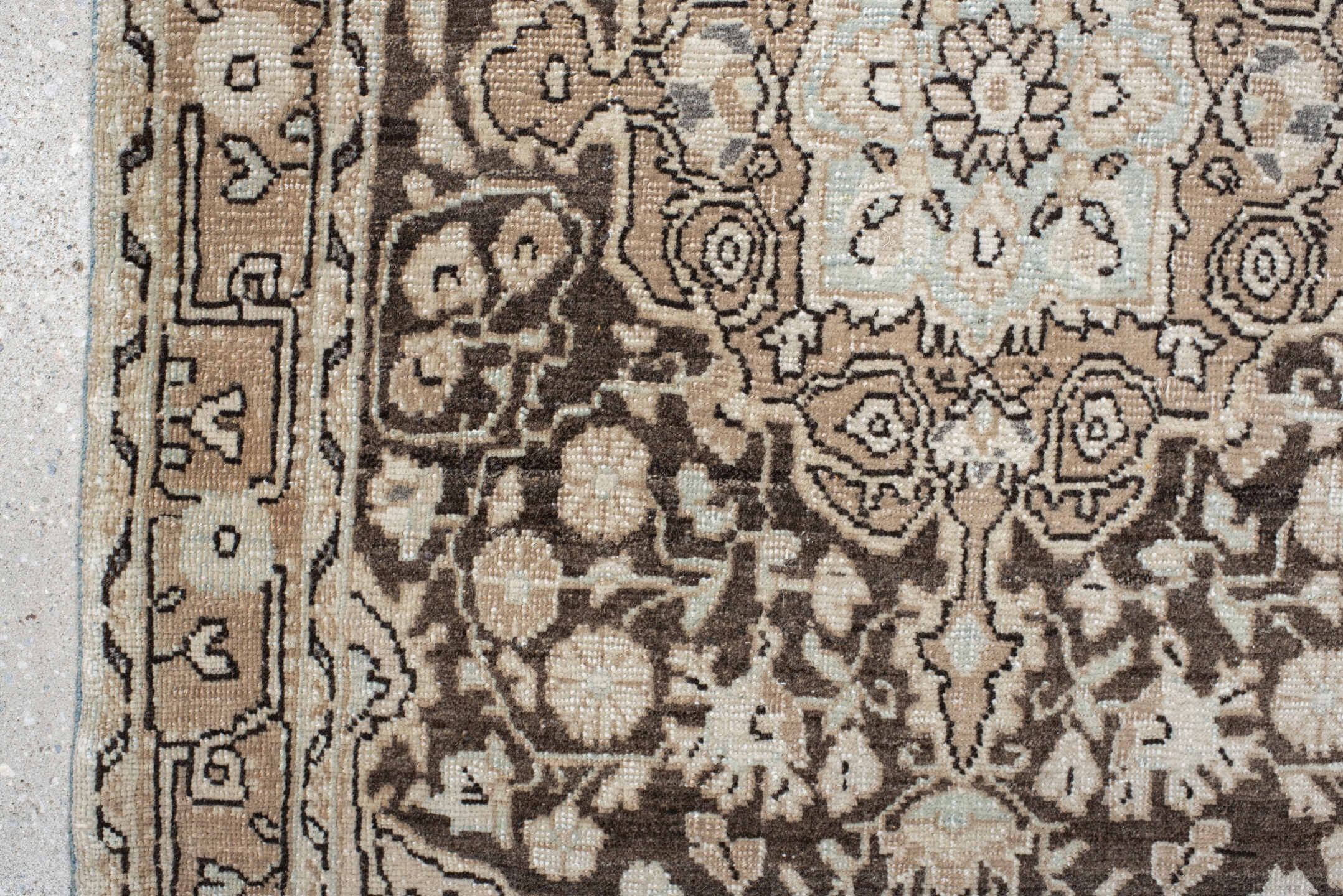 2' x 3' one-of-a-kind handmade antique Sarouk small size rug. Color palette: taupe, brown, ivory, charcoal, beige, gray