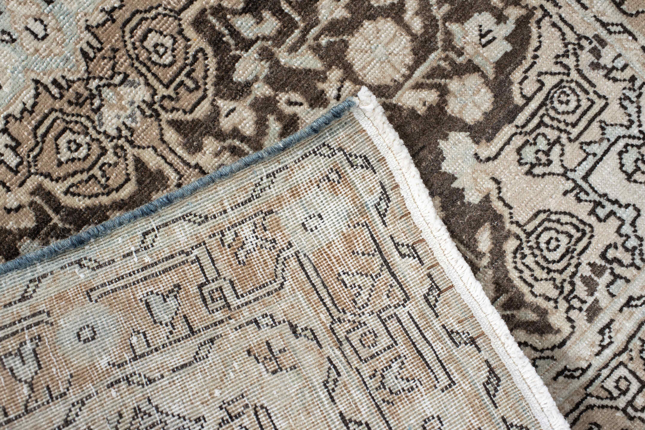 2' x 3' one-of-a-kind handmade antique Sarouk small size rug. Color palette: taupe, brown, ivory, charcoal, beige, gray