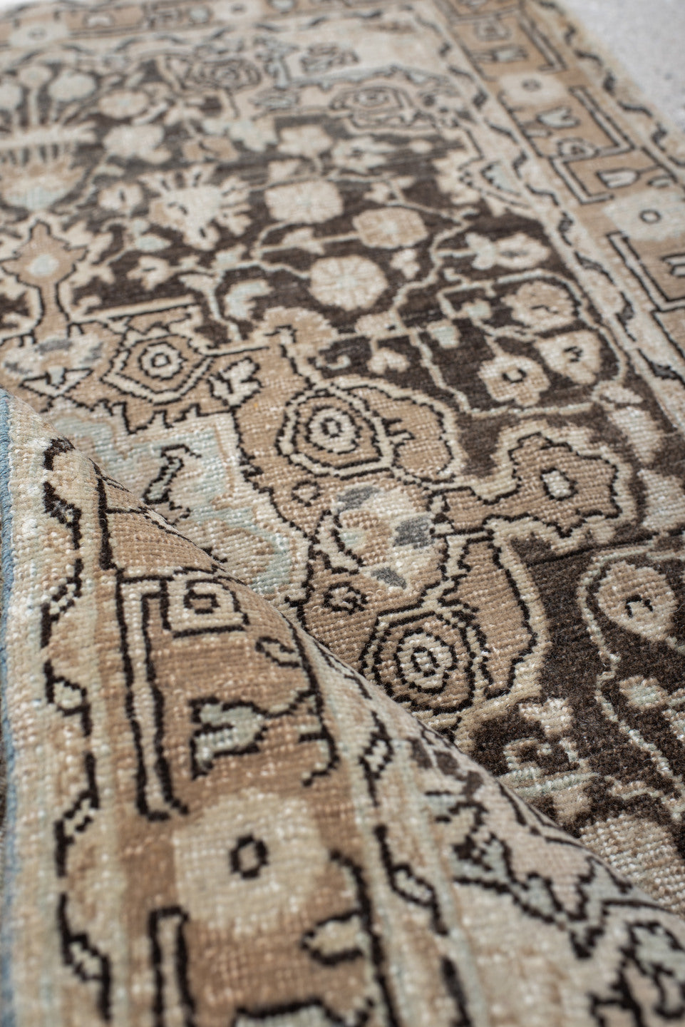 2' x 3' one-of-a-kind handmade antique Sarouk small size rug. Color palette: taupe, brown, ivory, charcoal, beige, gray