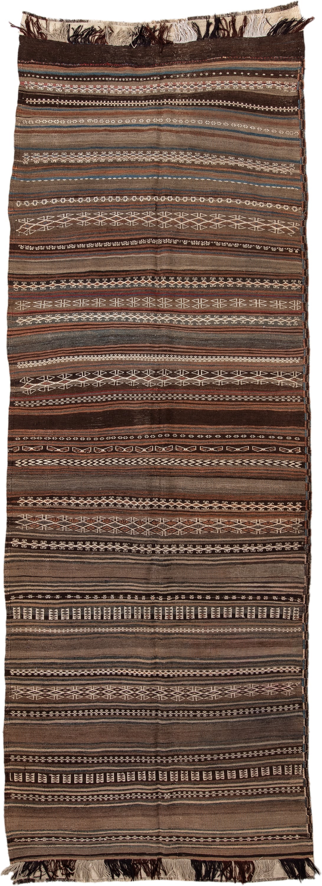 4' x 12' one-of-a-kind handmade antique Kilim runner rug. Color palette: brown, taupe, charcoal, ivory, camel, slate, beige