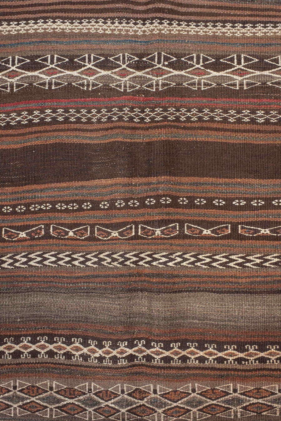 4' x 12' one-of-a-kind handmade antique Kilim runner rug. Color palette: brown, taupe, charcoal, ivory, camel, slate, beige