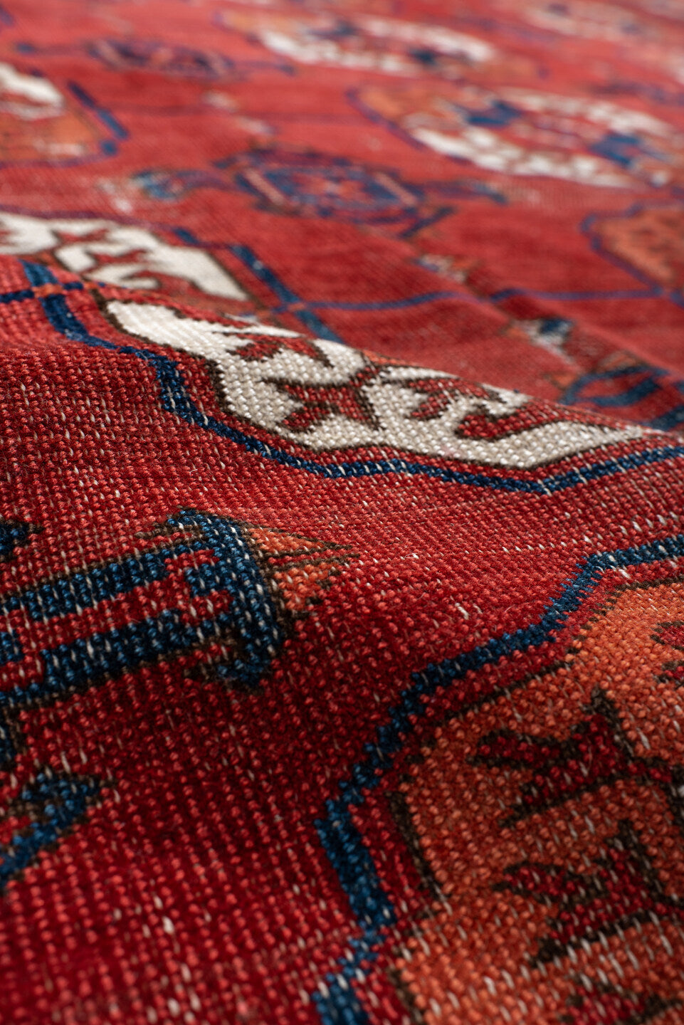 8' x 13' one-of-a-kind handmade vintage Bokara large size rug. Color palette: pink, red, brown, off-white, gray, blue