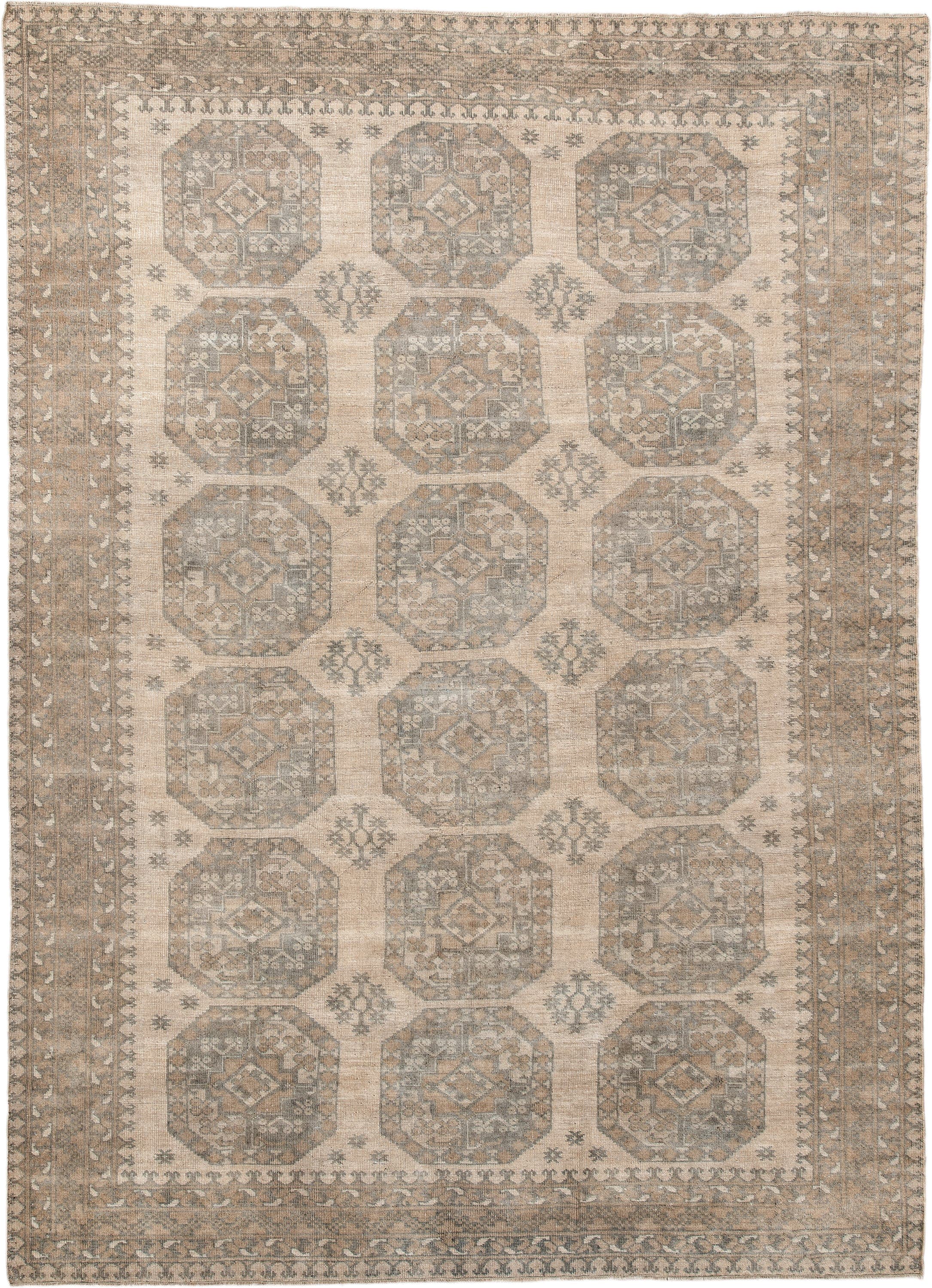 6' x 9' one-of-a-kind handmade antique Afghan rug. Color palette: ivory, taupe, beige, camel, sage, brown, gray, green