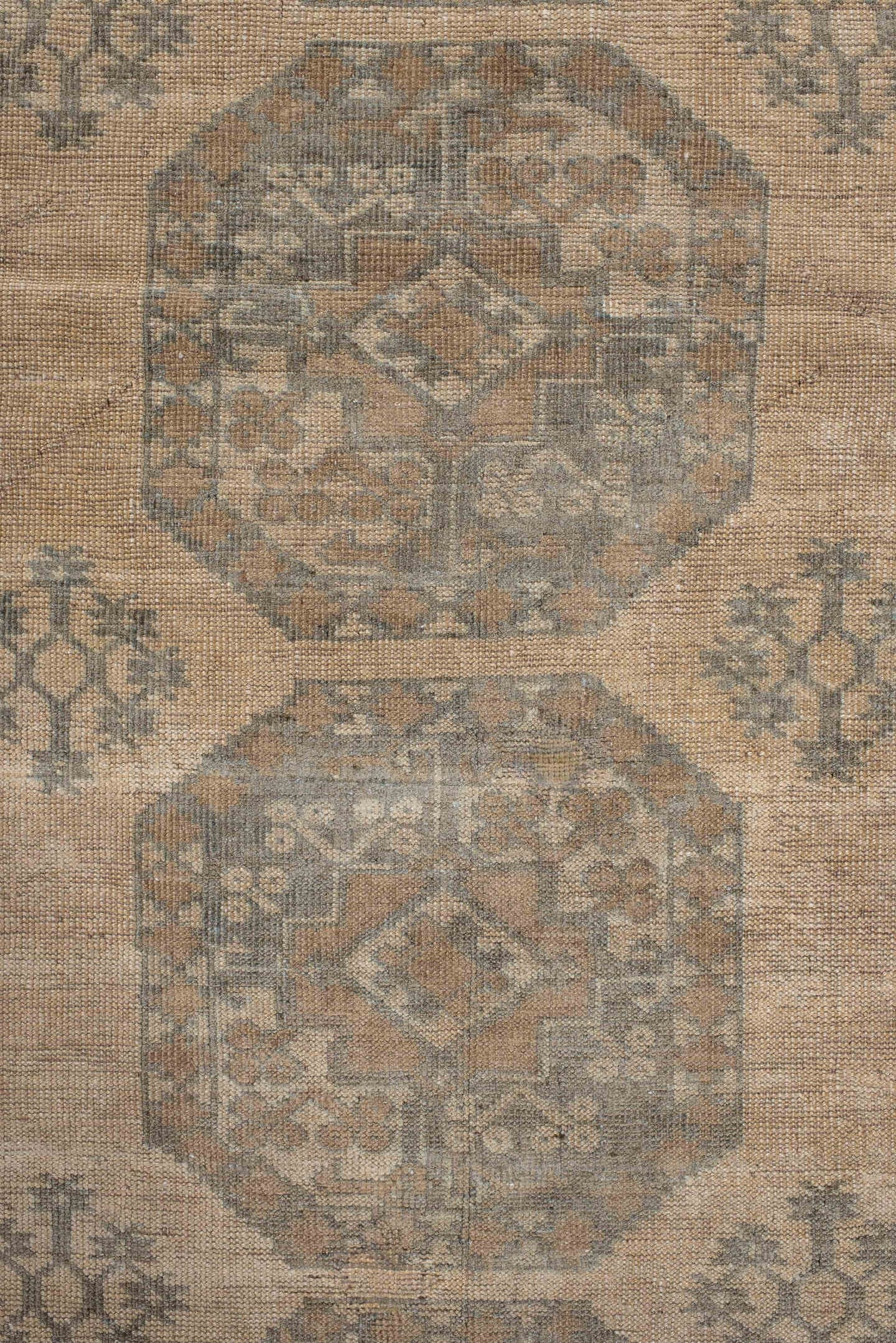 6' x 9' one-of-a-kind handmade antique Afghan rug. Color palette: ivory, taupe, beige, camel, sage, brown, gray, green