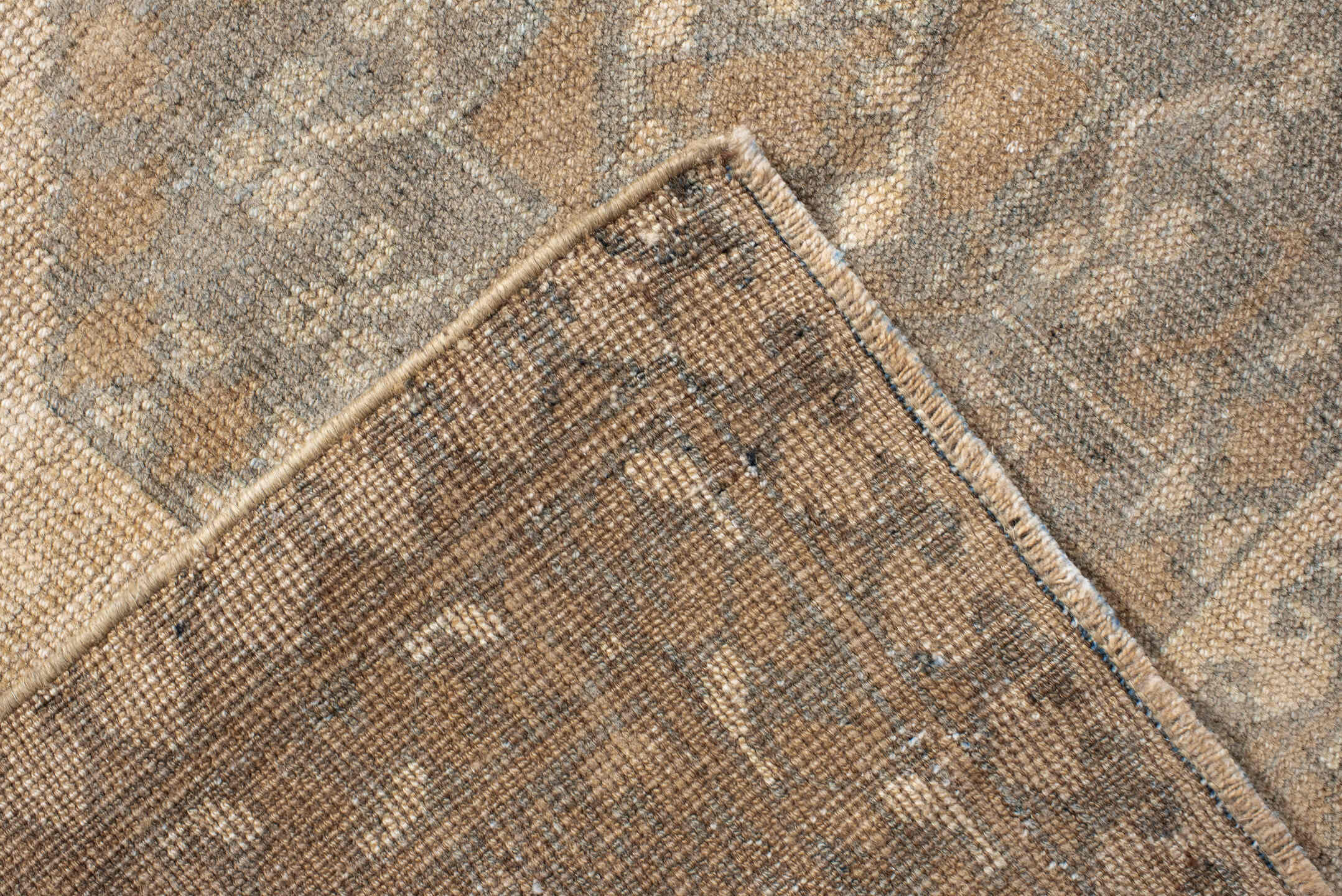 6' x 9' one-of-a-kind handmade antique Afghan rug. Color palette: ivory, taupe, beige, camel, sage, brown, gray, green