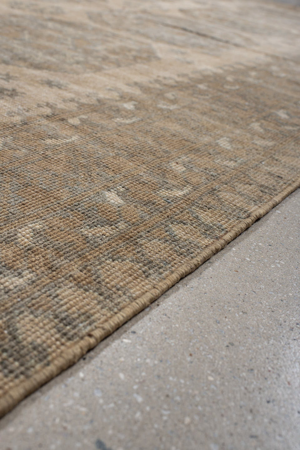 6' x 9' one-of-a-kind handmade antique Afghan rug. Color palette: ivory, taupe, beige, camel, sage, brown, gray, green