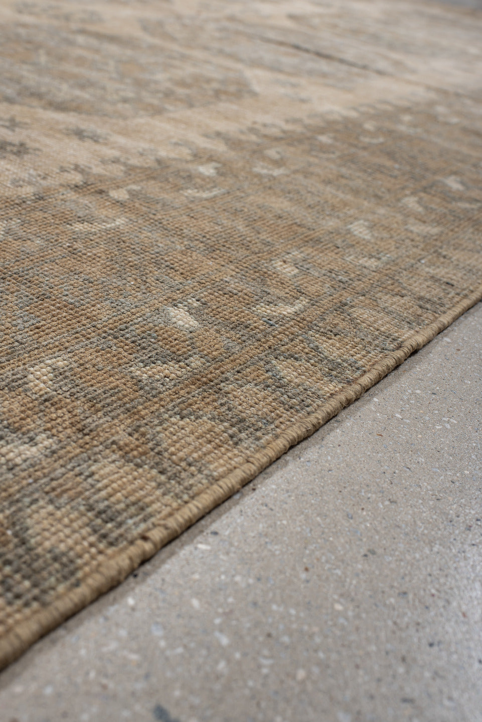 6' x 9' one-of-a-kind handmade antique Afghan rug. Color palette: ivory, taupe, beige, camel, sage, brown, gray, green