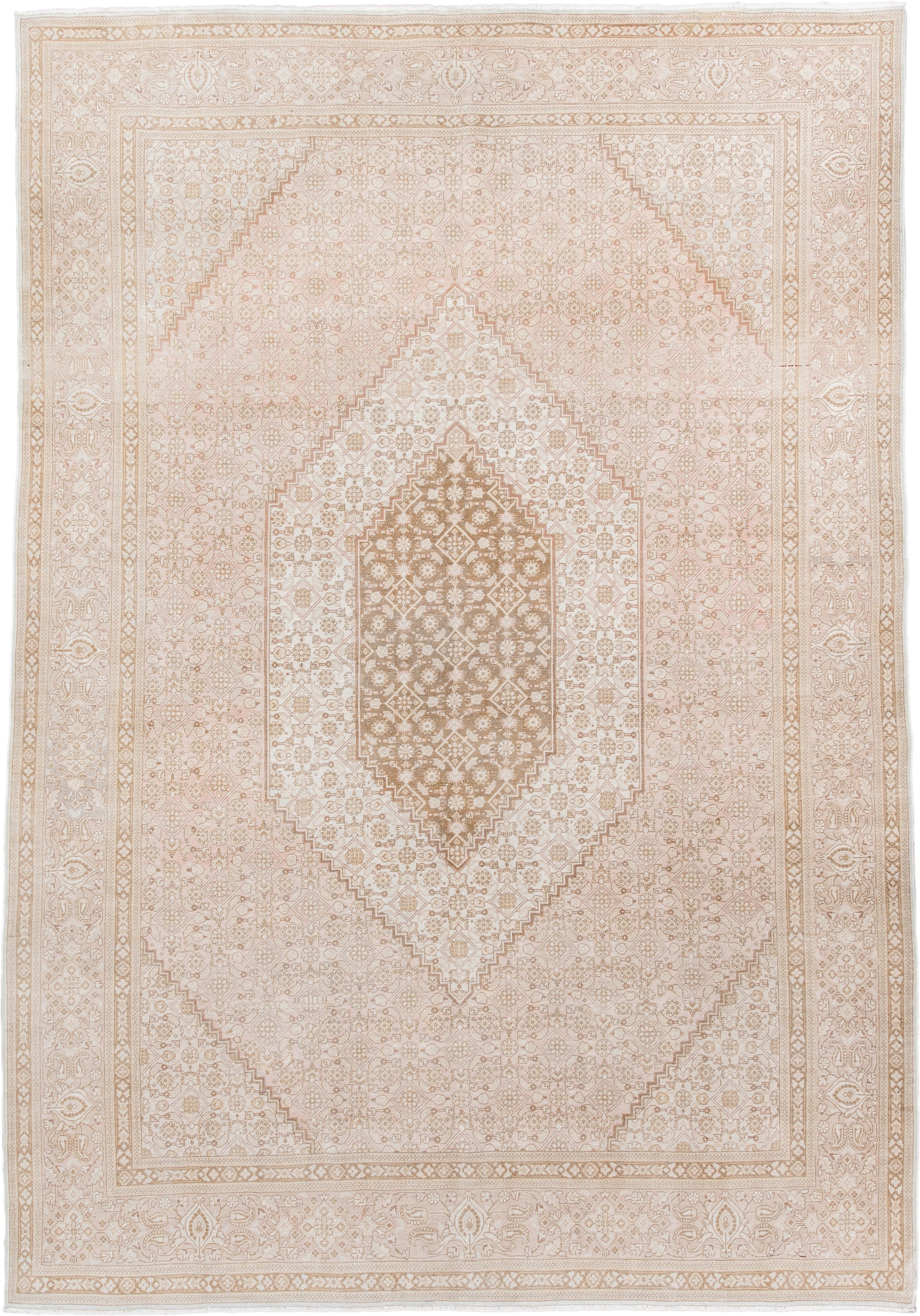 6' x 9' one-of-a-kind handmade vintage Tabriz medium size rug. Color palette: ivory, blush, taupe, beige, sand, pink, gray