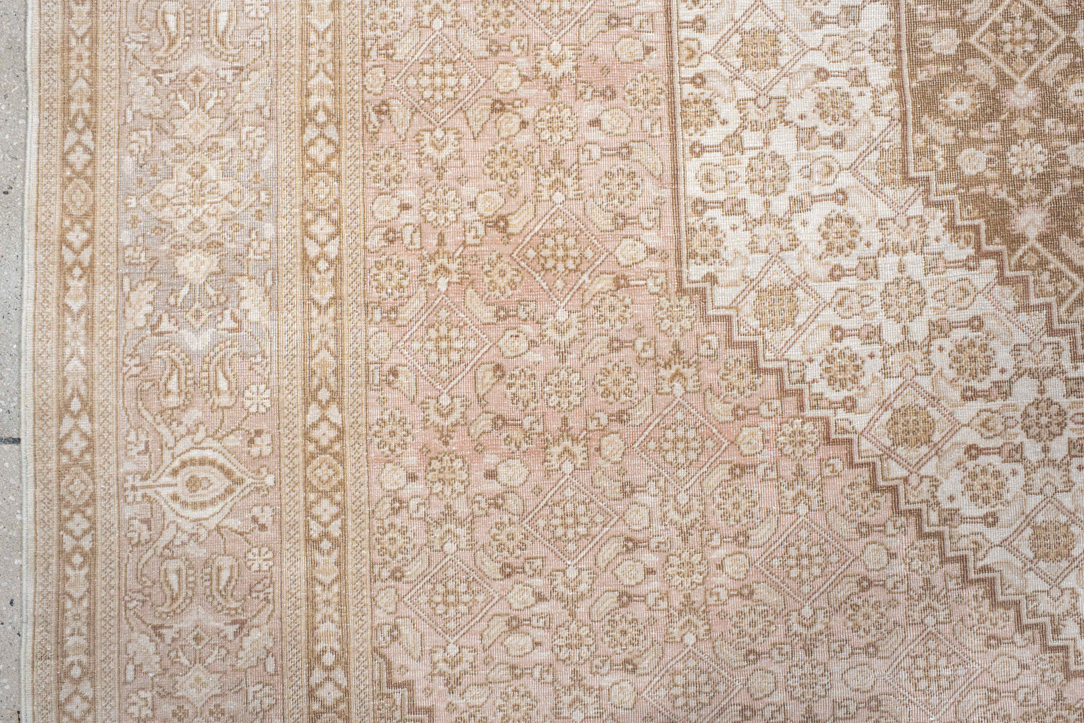 6' x 9' one-of-a-kind handmade vintage Tabriz medium size rug. Color palette: ivory, blush, taupe, beige, sand, pink, gray