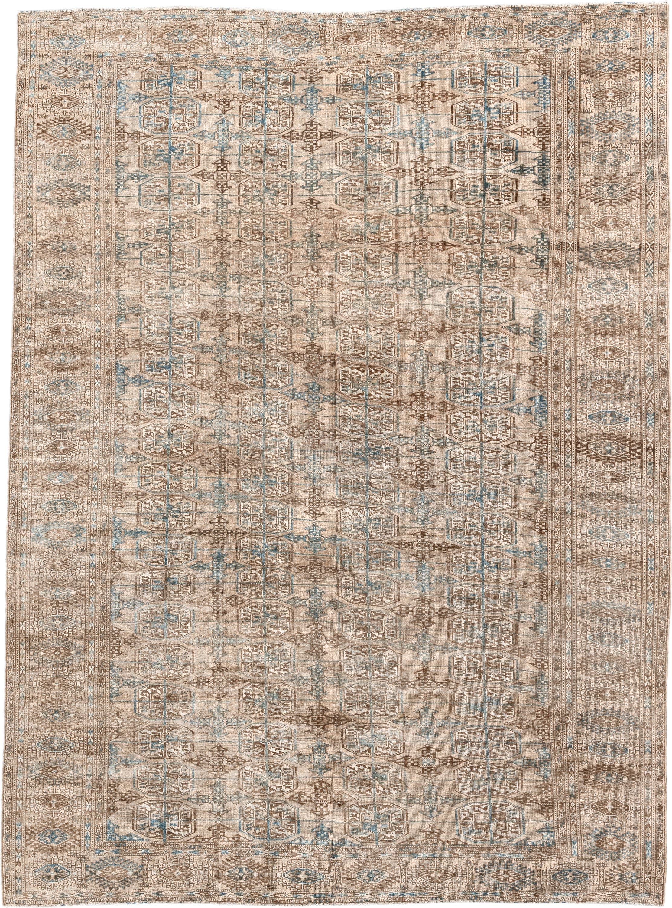 7' x 10' one-of-a-kind handmade antique Bokara large size rug. Color palette: ivory, taupe, camel, pale blue, brown, beige