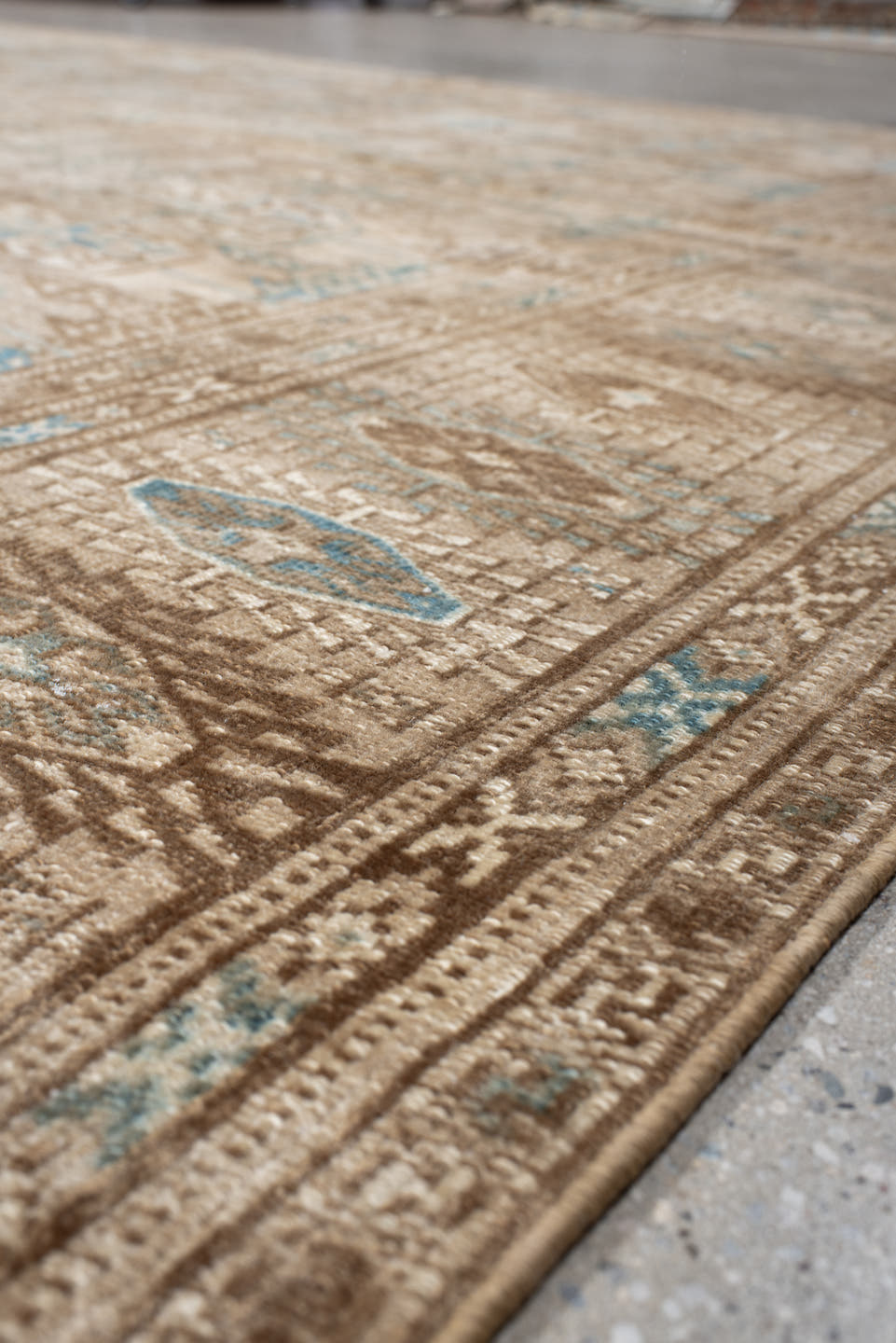 7' x 10' one-of-a-kind handmade antique Bokara large size rug. Color palette: ivory, taupe, camel, pale blue, brown, beige