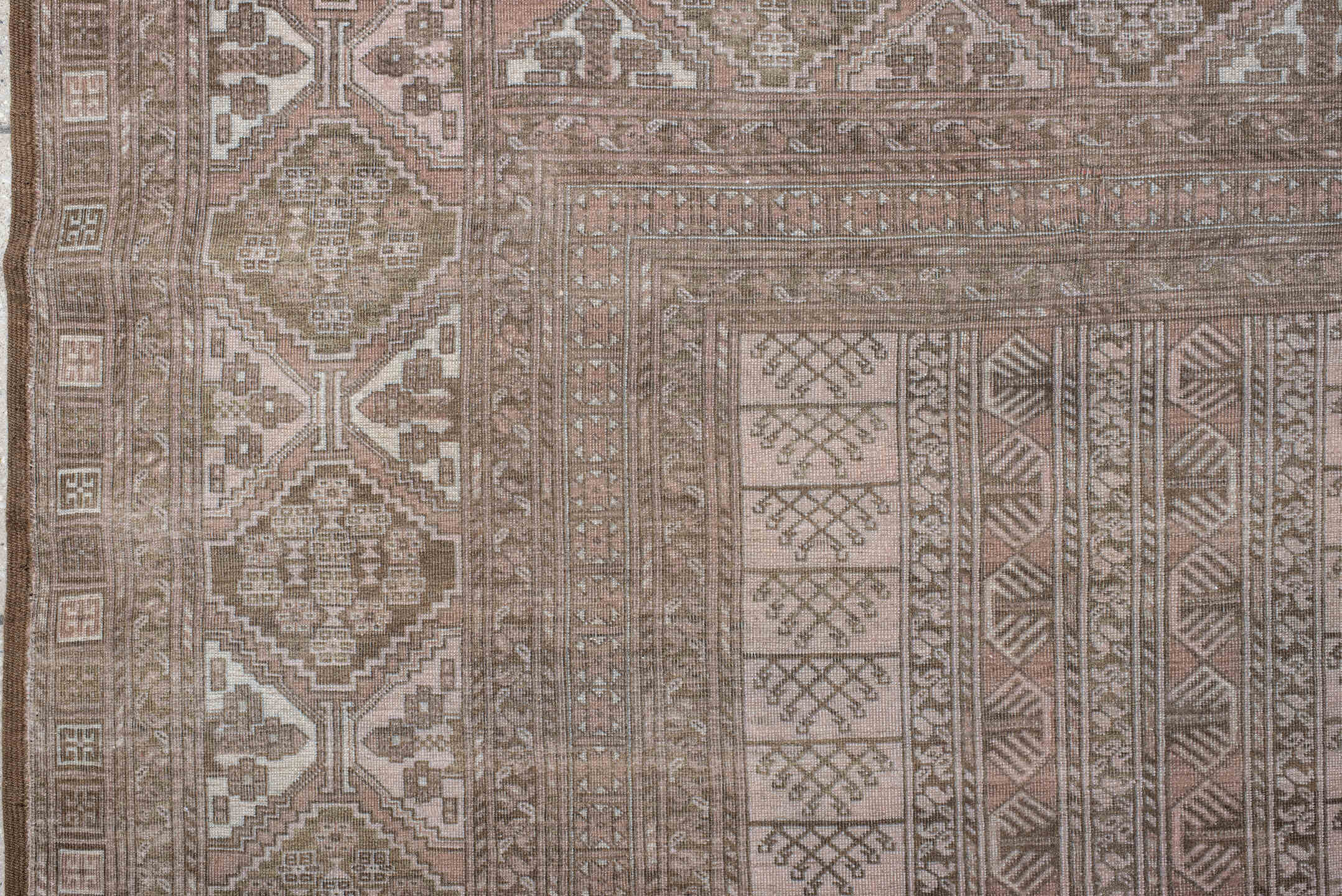 5' x 9' one-of-a-kind handmade antique Afghan medium size rug. Color palette: taupe, ivory, camel, brown, rose, beige, gray