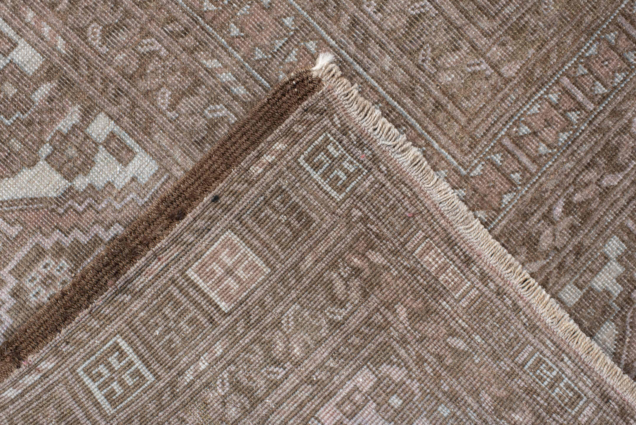 5' x 9' one-of-a-kind handmade antique Afghan medium size rug. Color palette: taupe, ivory, camel, brown, rose, beige, gray