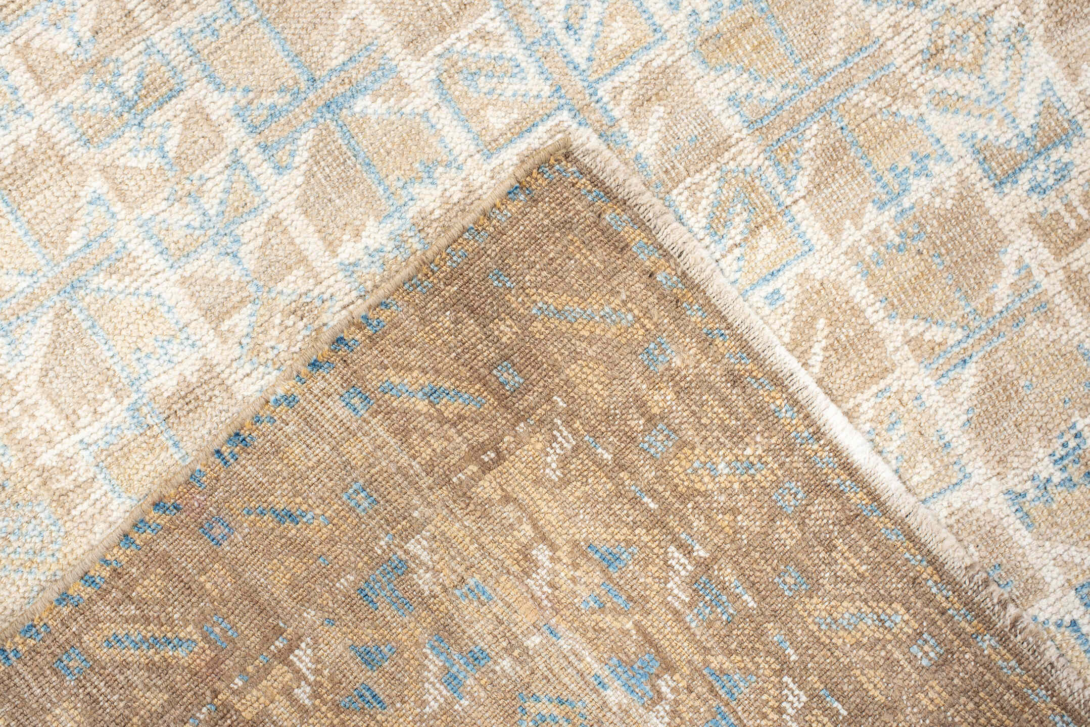 3' x 4' one-of-a-kind handmade vintage Belouch small size rug. Color palette: beige, ivory, light blue, taupe, gray