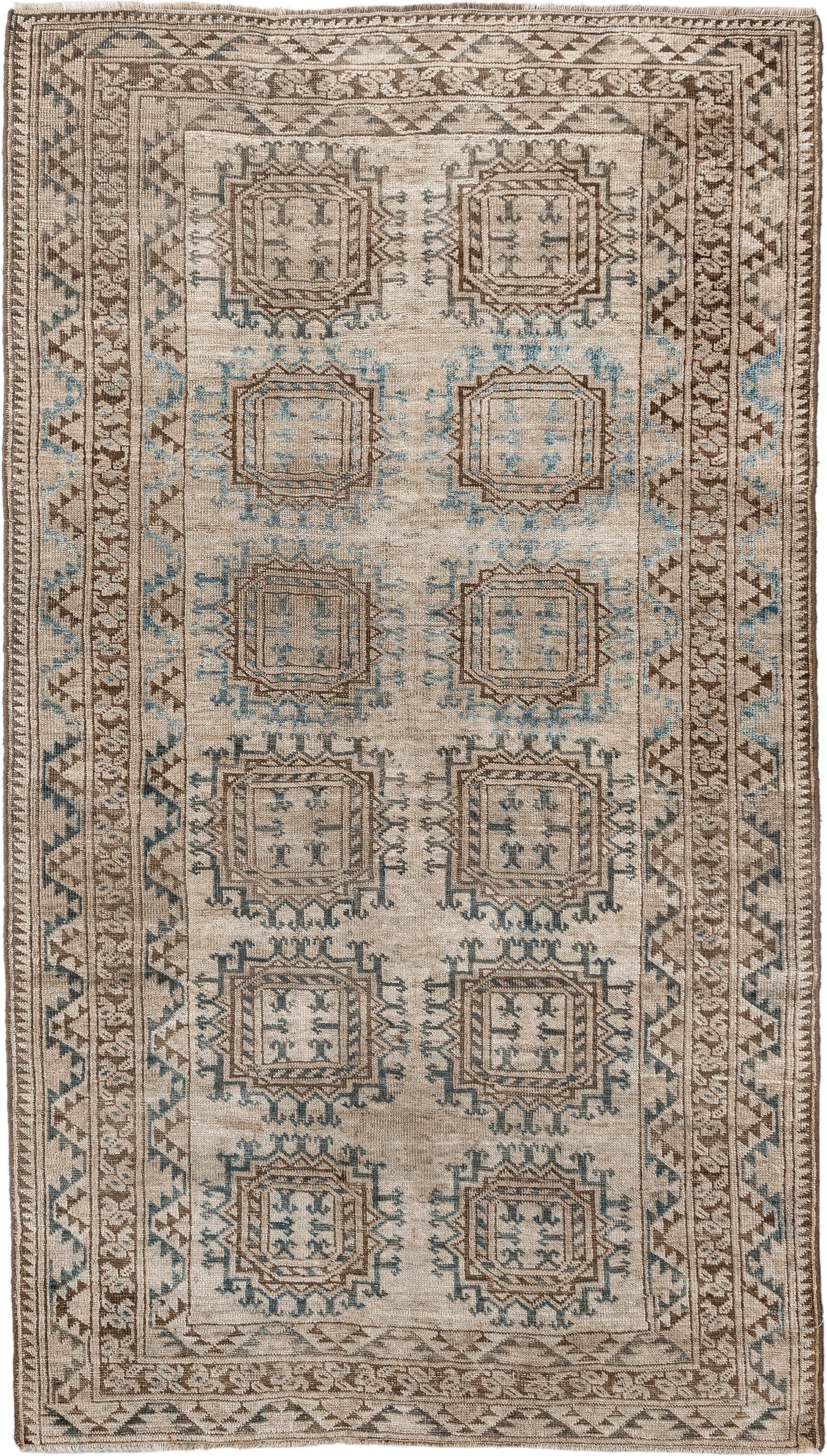 3' x 6' one-of-a-kind handmade antique Afghan small size rug. Color palette: ivory, taupe, brown, sky blue, camel, slate