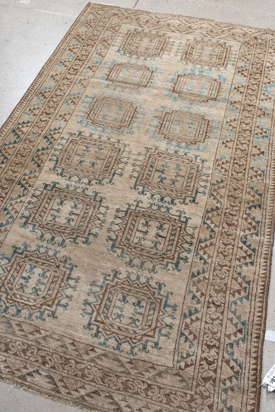 3' x 6' one-of-a-kind handmade antique Afghan small size rug. Color palette: ivory, taupe, brown, sky blue, camel, slate