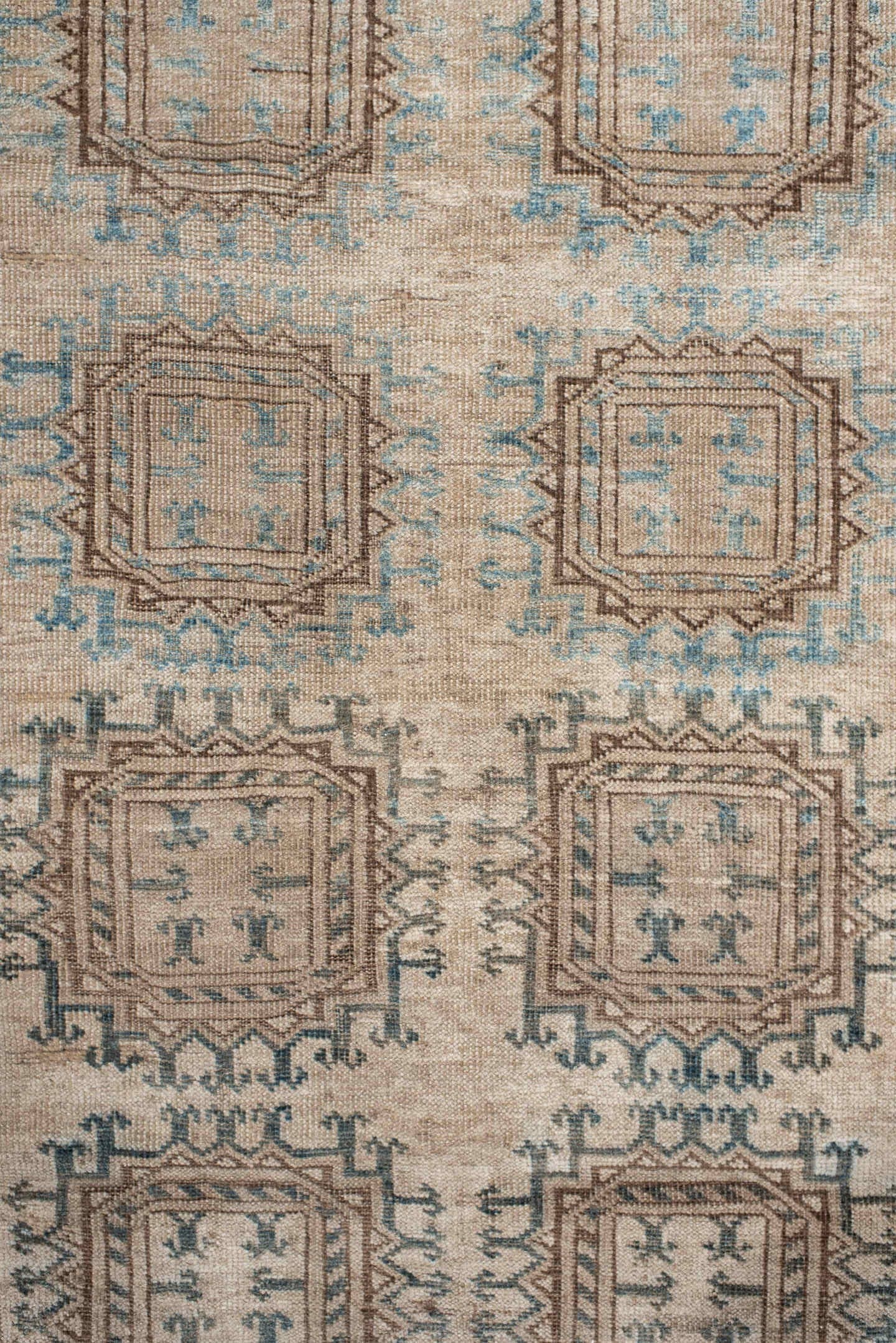 3' x 6' one-of-a-kind handmade antique Afghan small size rug. Color palette: ivory, taupe, brown, sky blue, camel, slate