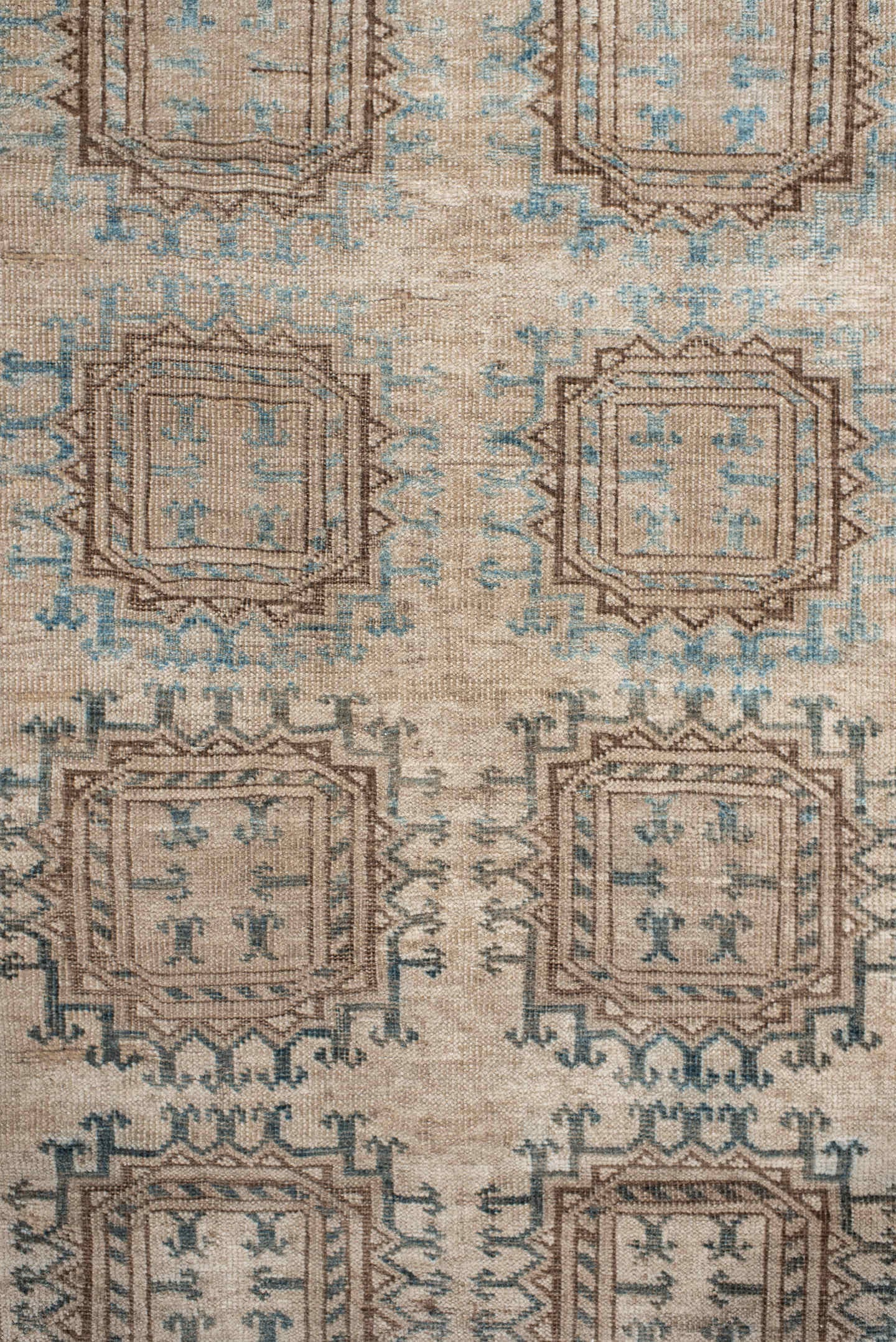 3' x 6' one-of-a-kind handmade antique Afghan small size rug. Color palette: ivory, taupe, brown, sky blue, camel, slate