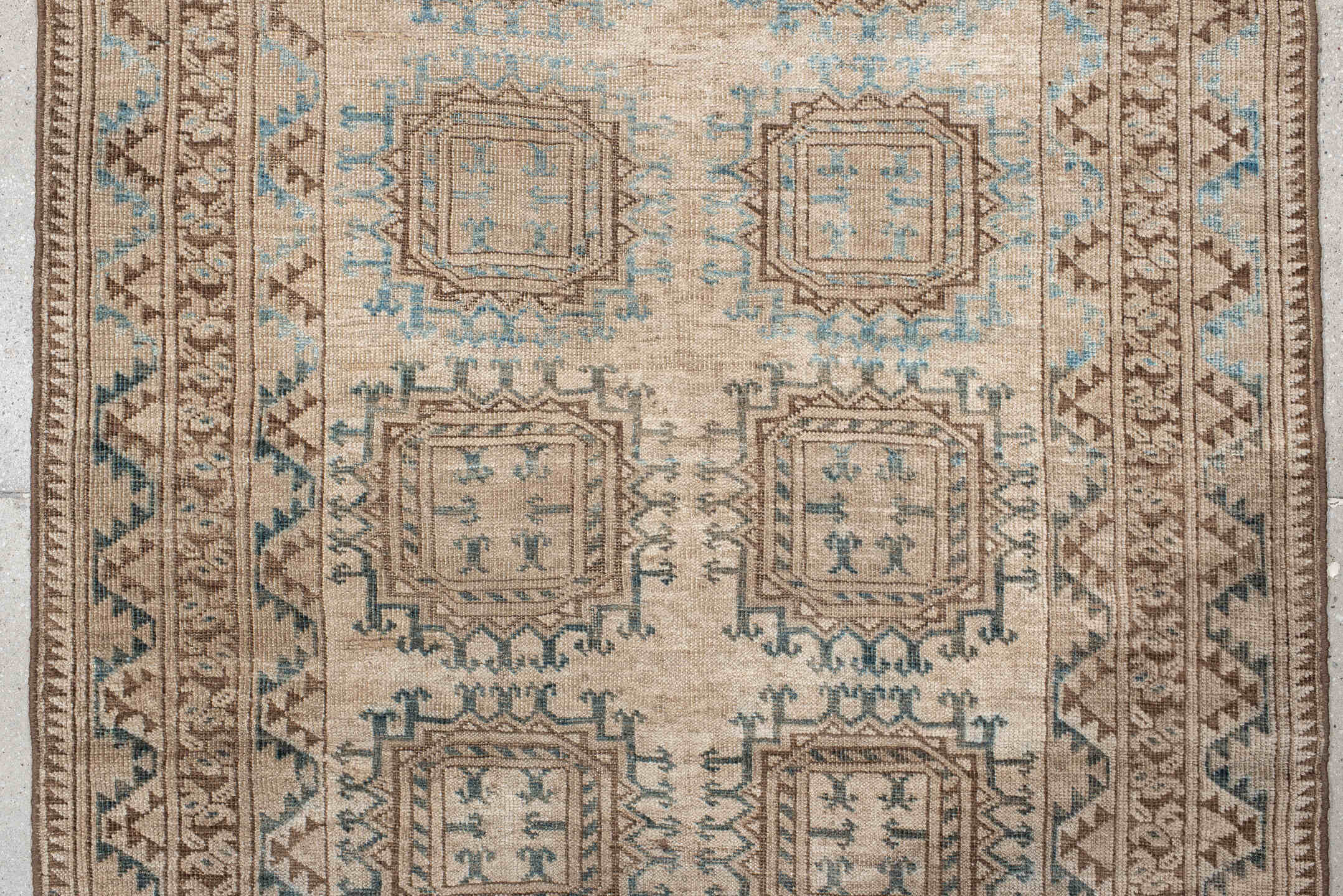 3' x 6' one-of-a-kind handmade antique Afghan small size rug. Color palette: ivory, taupe, brown, sky blue, camel, slate