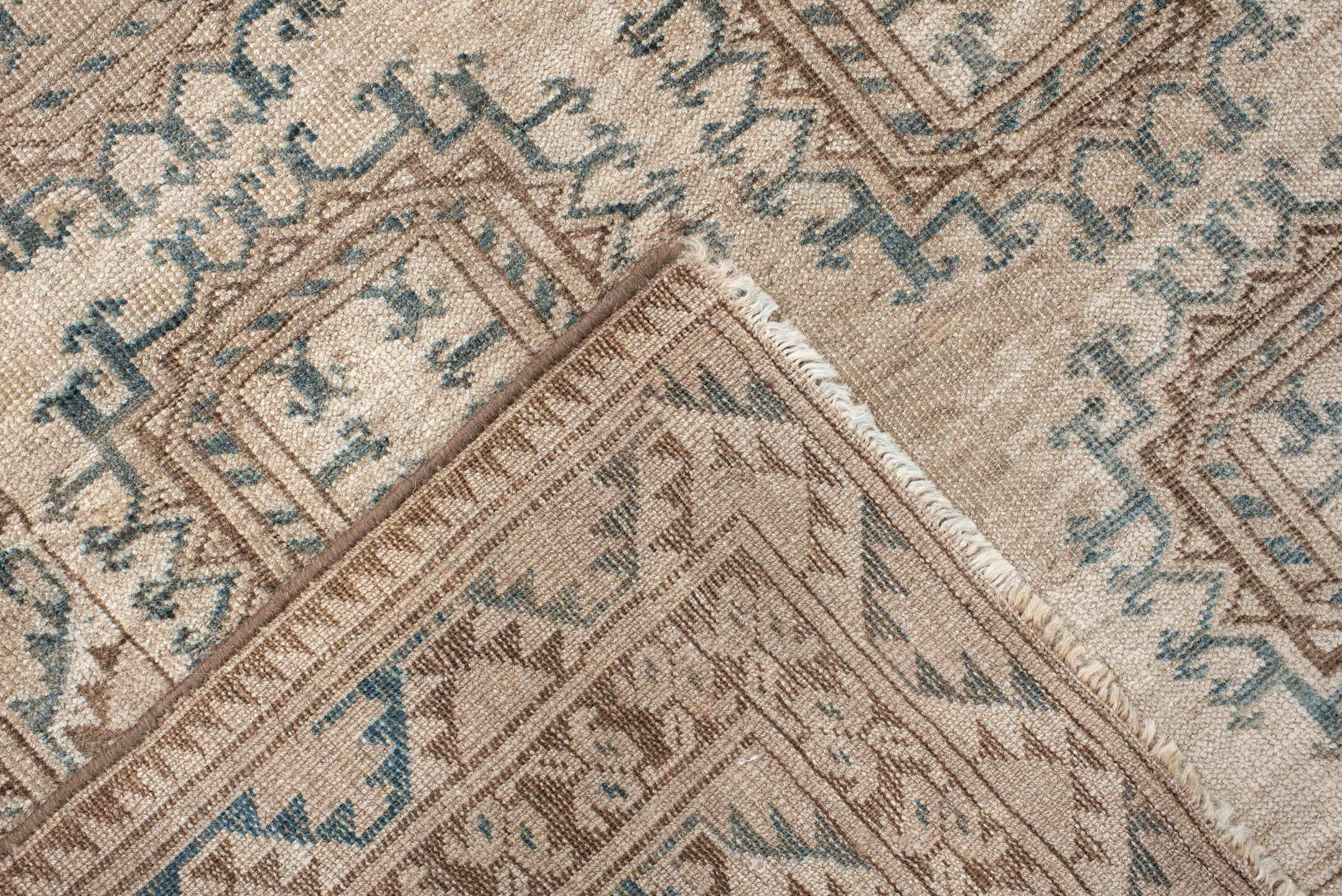 3' x 6' one-of-a-kind handmade antique Afghan small size rug. Color palette: ivory, taupe, brown, sky blue, camel, slate