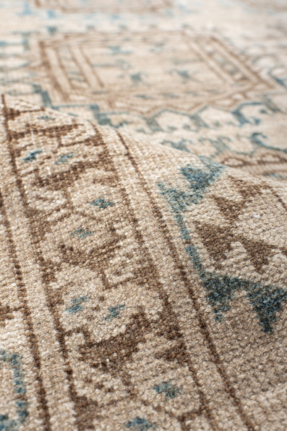 3' x 6' one-of-a-kind handmade antique Afghan small size rug. Color palette: ivory, taupe, brown, sky blue, camel, slate