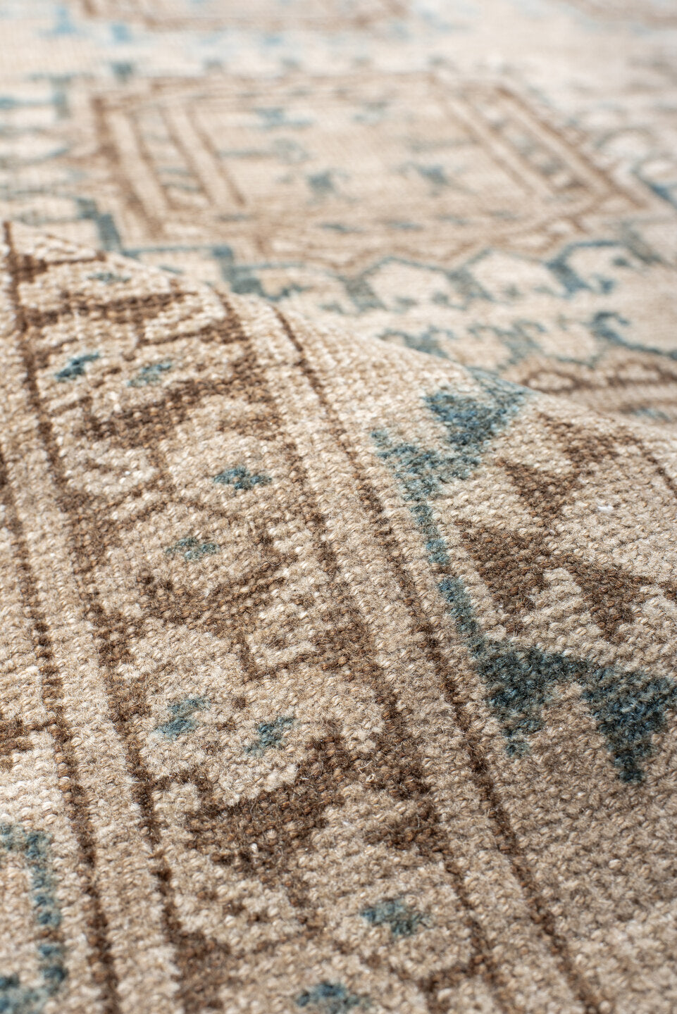 3' x 6' one-of-a-kind handmade antique Afghan small size rug. Color palette: ivory, taupe, brown, sky blue, camel, slate